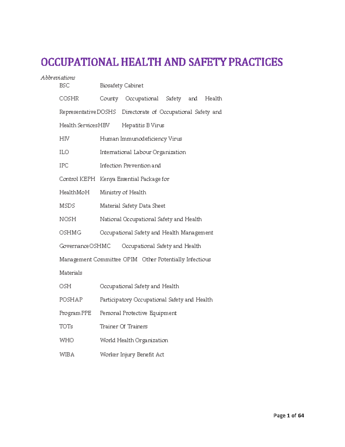 Occupational Health and Safety Practices Notes (Final Exam) - Studocu
