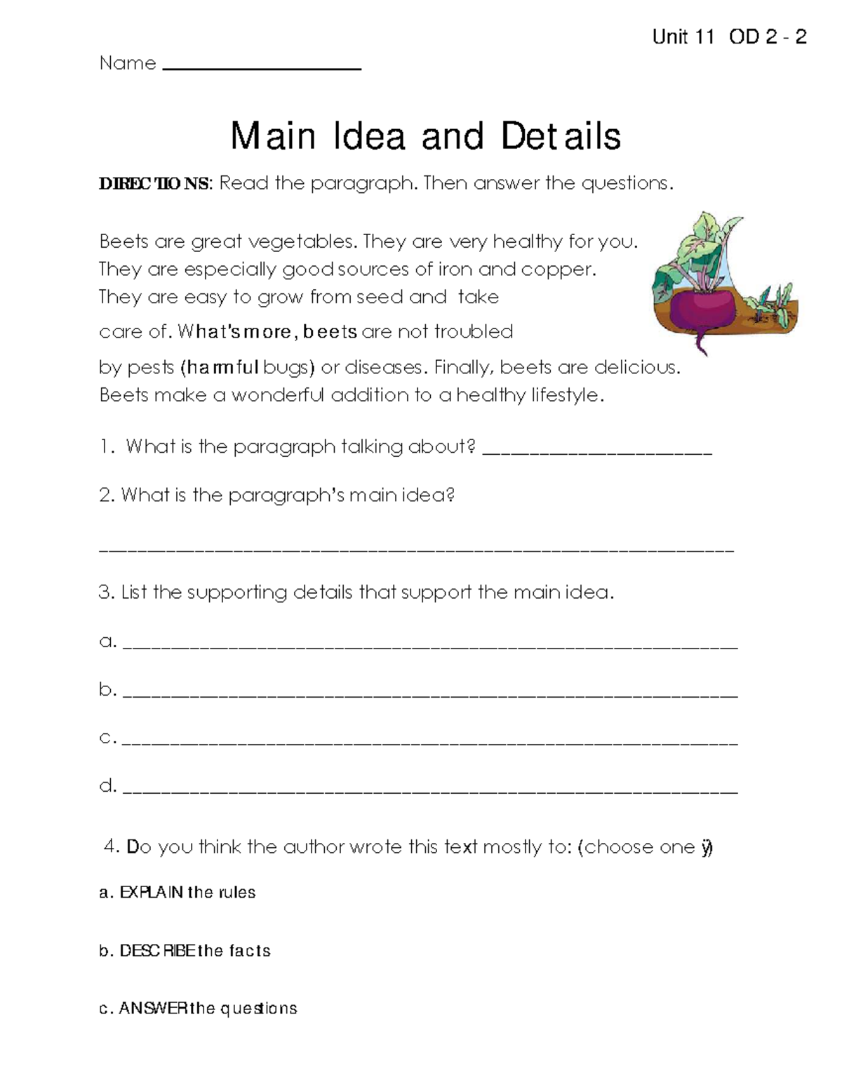 Unit 11 OD 2 - Main Idea & Details Homework Assignment - Studocu