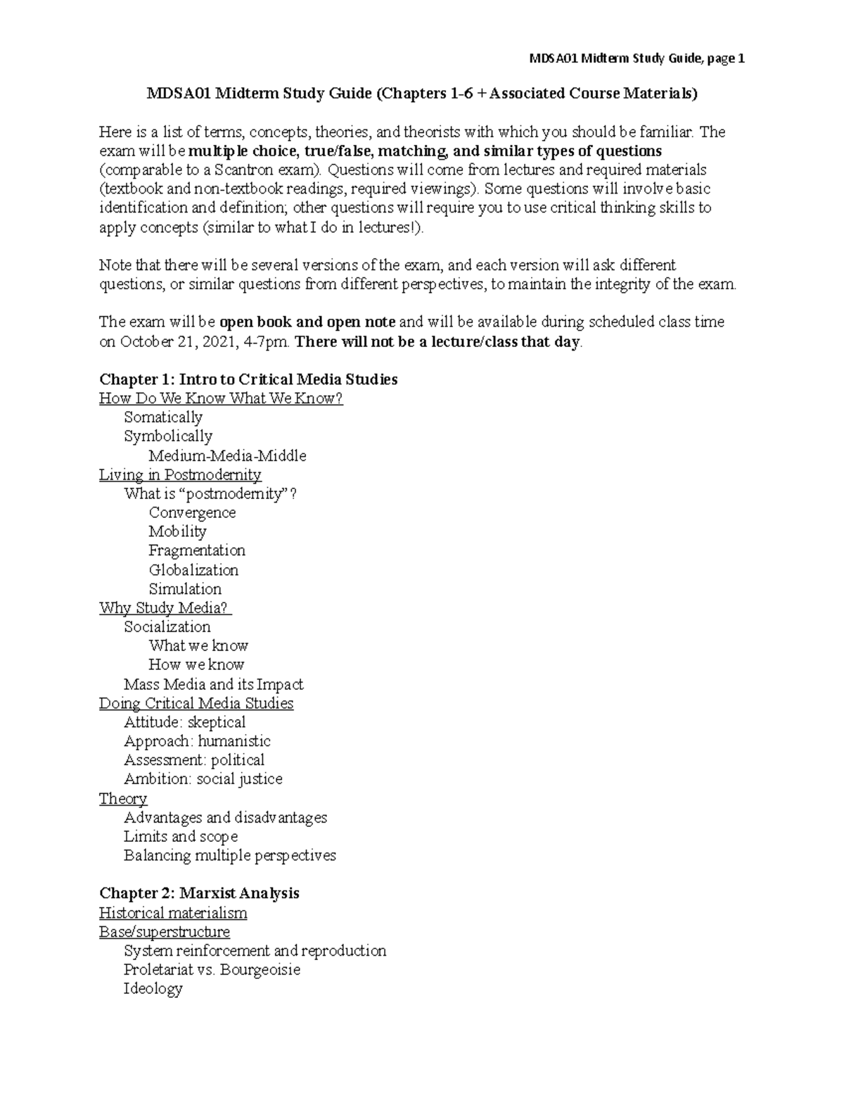 MDSA01 - Midterm Exam Study Guide - Fall 2021 - MDSA01H3 - U of T - Studocu