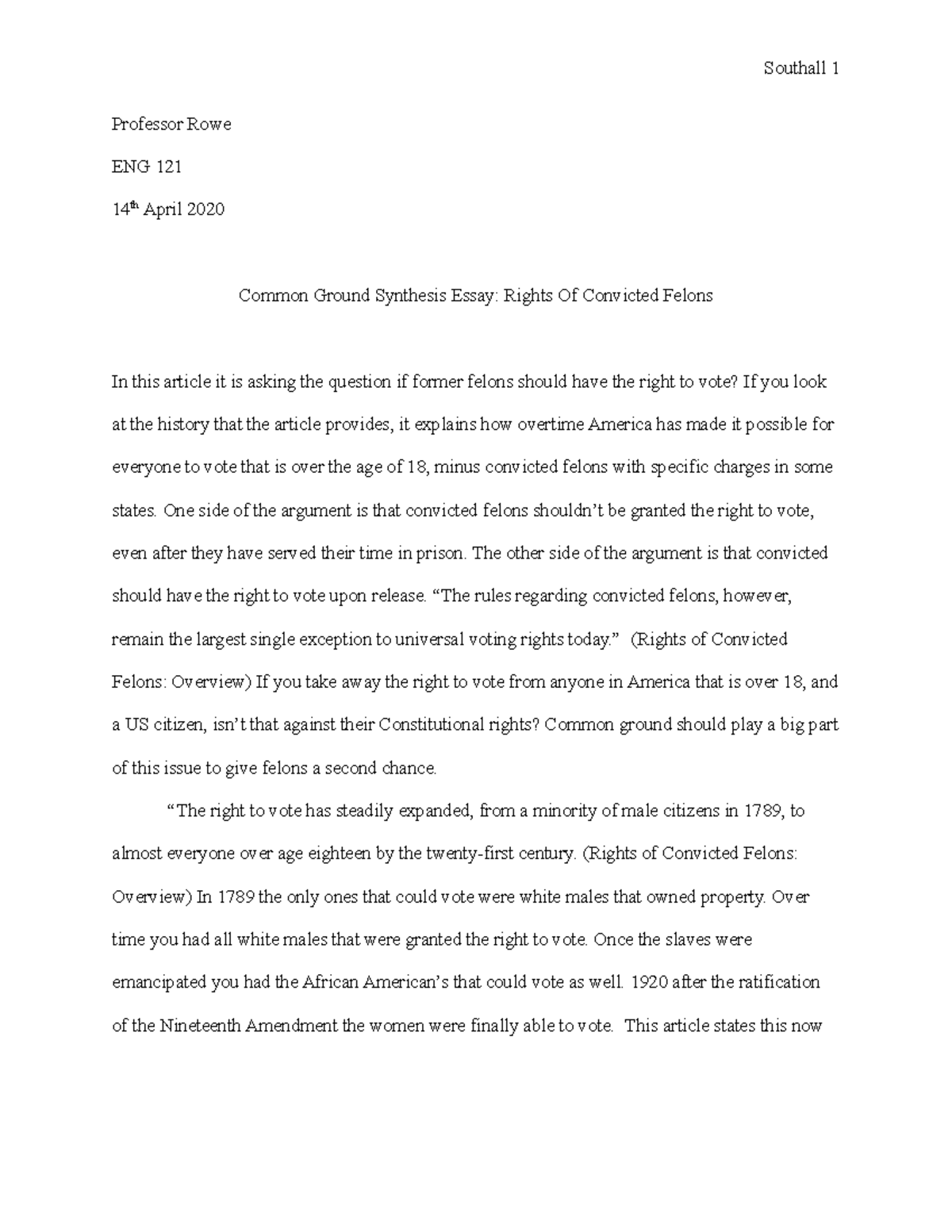 ENG 121 Final Essay: Rights of Convicted Felons to Vote - Studocu