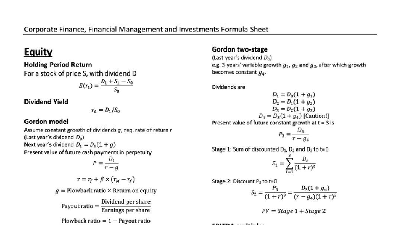 Corporate Finance Cheat Sheet: Key Formulas & Concepts - Studocu