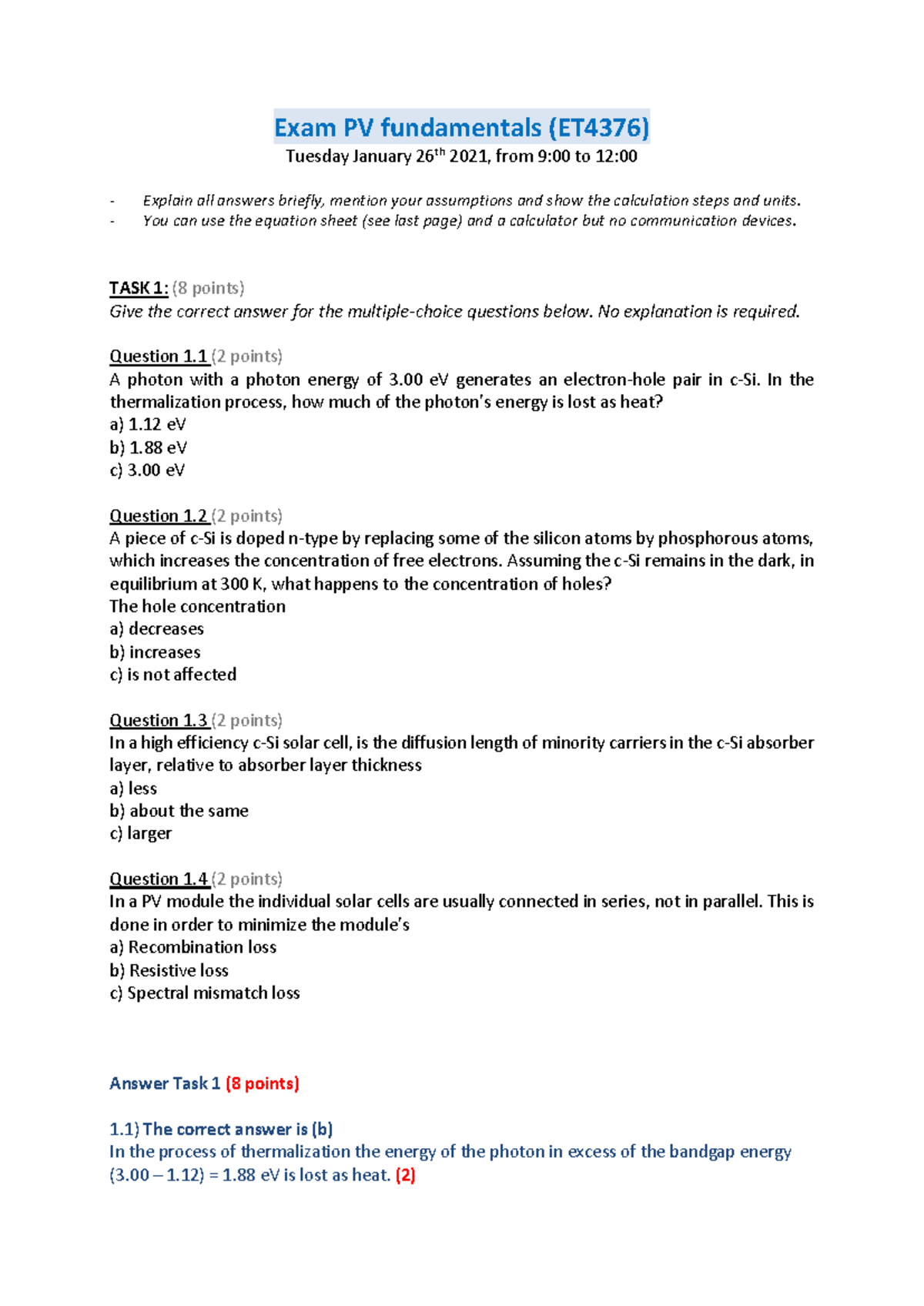 Solar Exam 2021 (ET4376) - PV Fundamentals and Calculations - Studeersnel