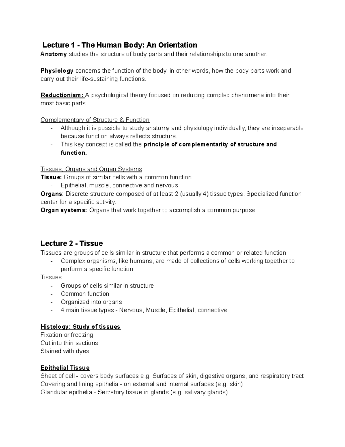 ANP1105 A00 Lecture 1 & 2: Anatomy and Physiology Overview - Studocu