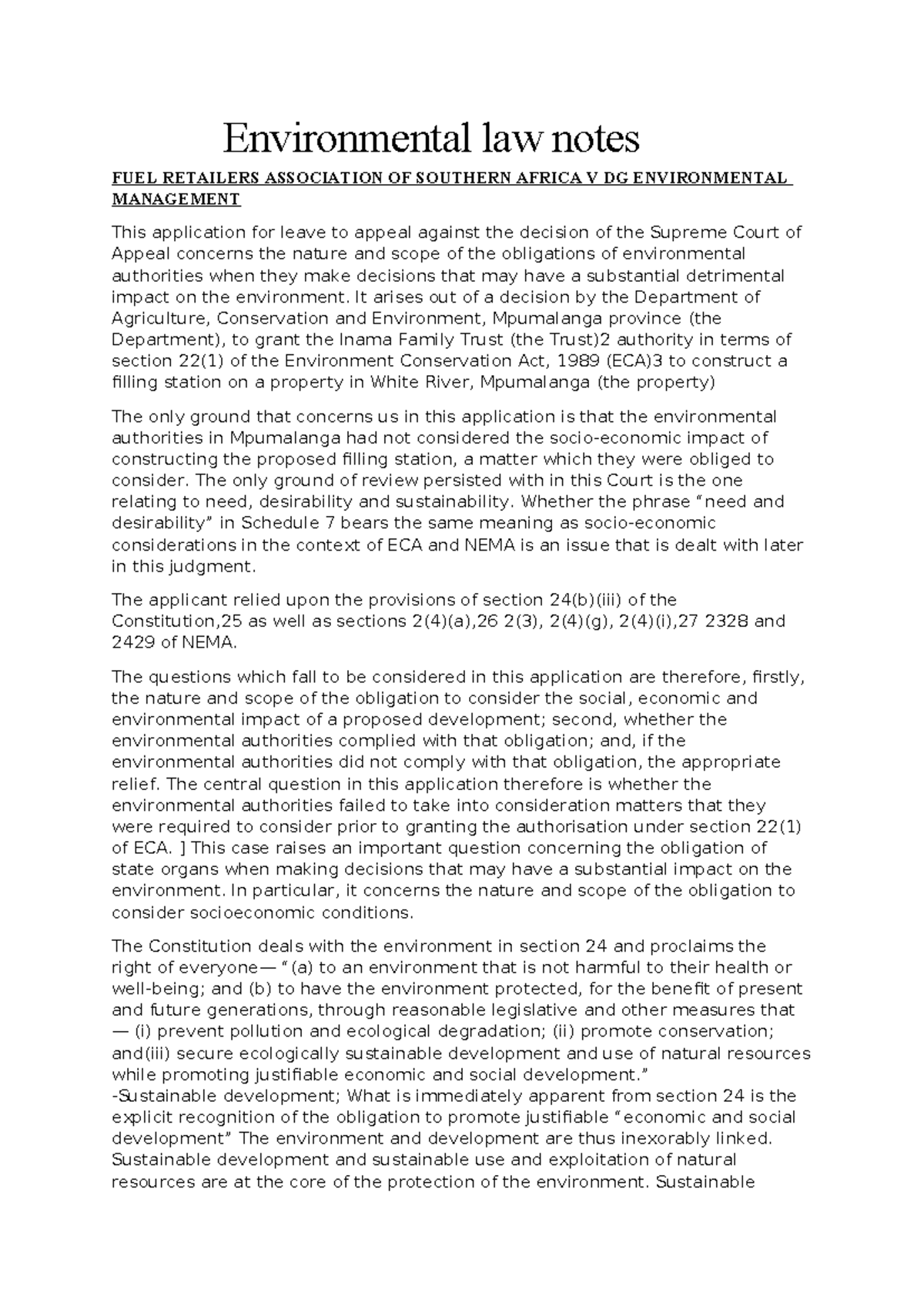 Environmental Law Notes: Key Cases and Socio-Economic Impacts - Studocu