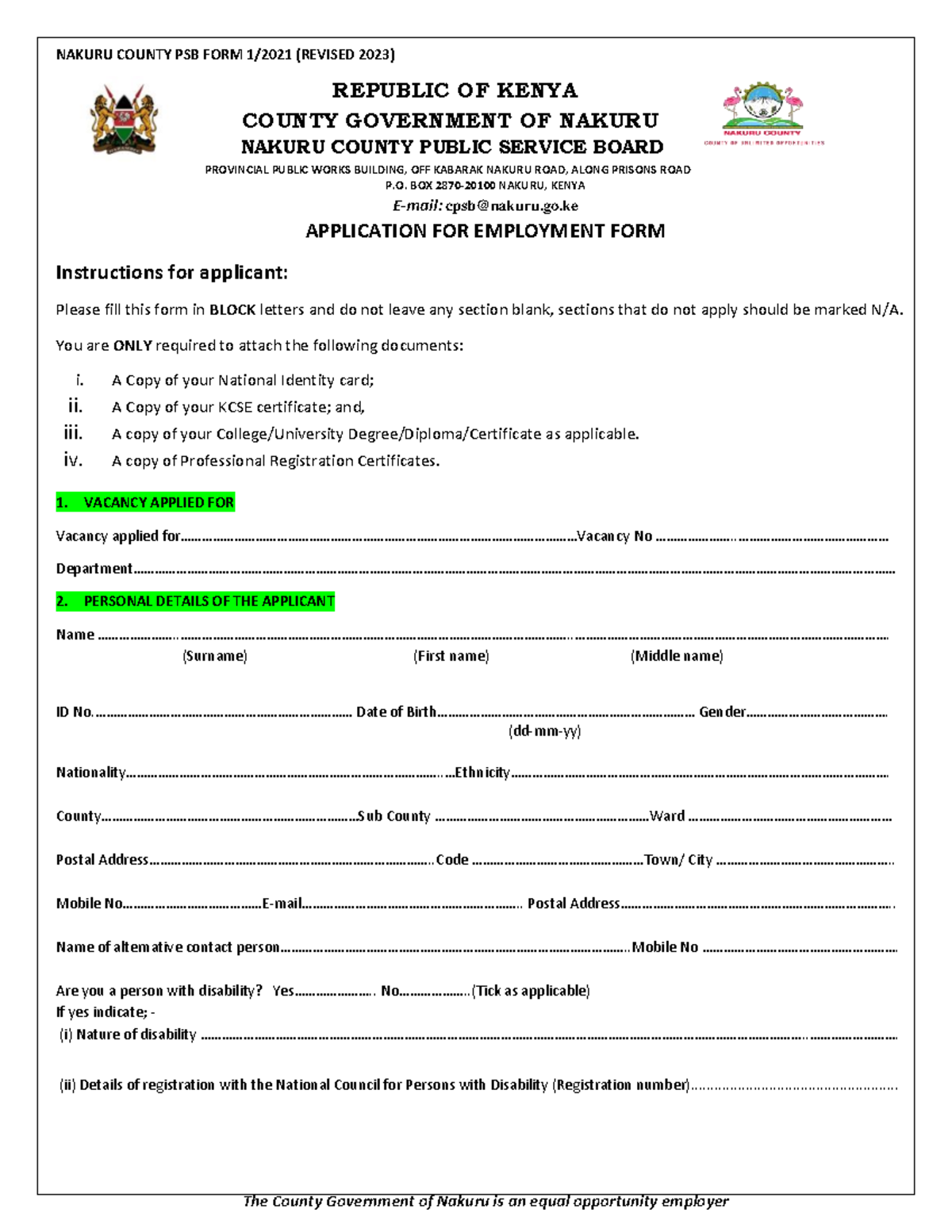 NAKURU COUNTY PSB EMPLOYMENT APPLICATION FORM (REVISED 2023) - Studocu