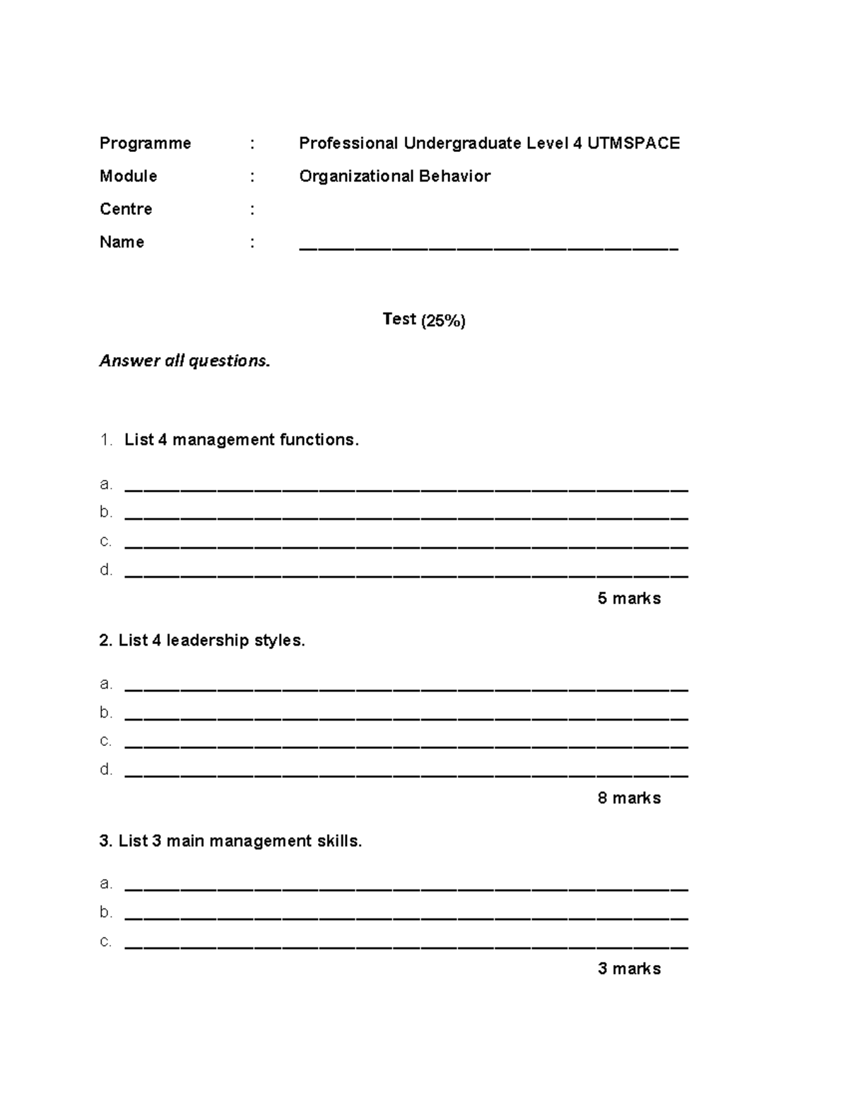 Organizational Behavior Test Answers - Level 4 UTMSPACE - Studocu
