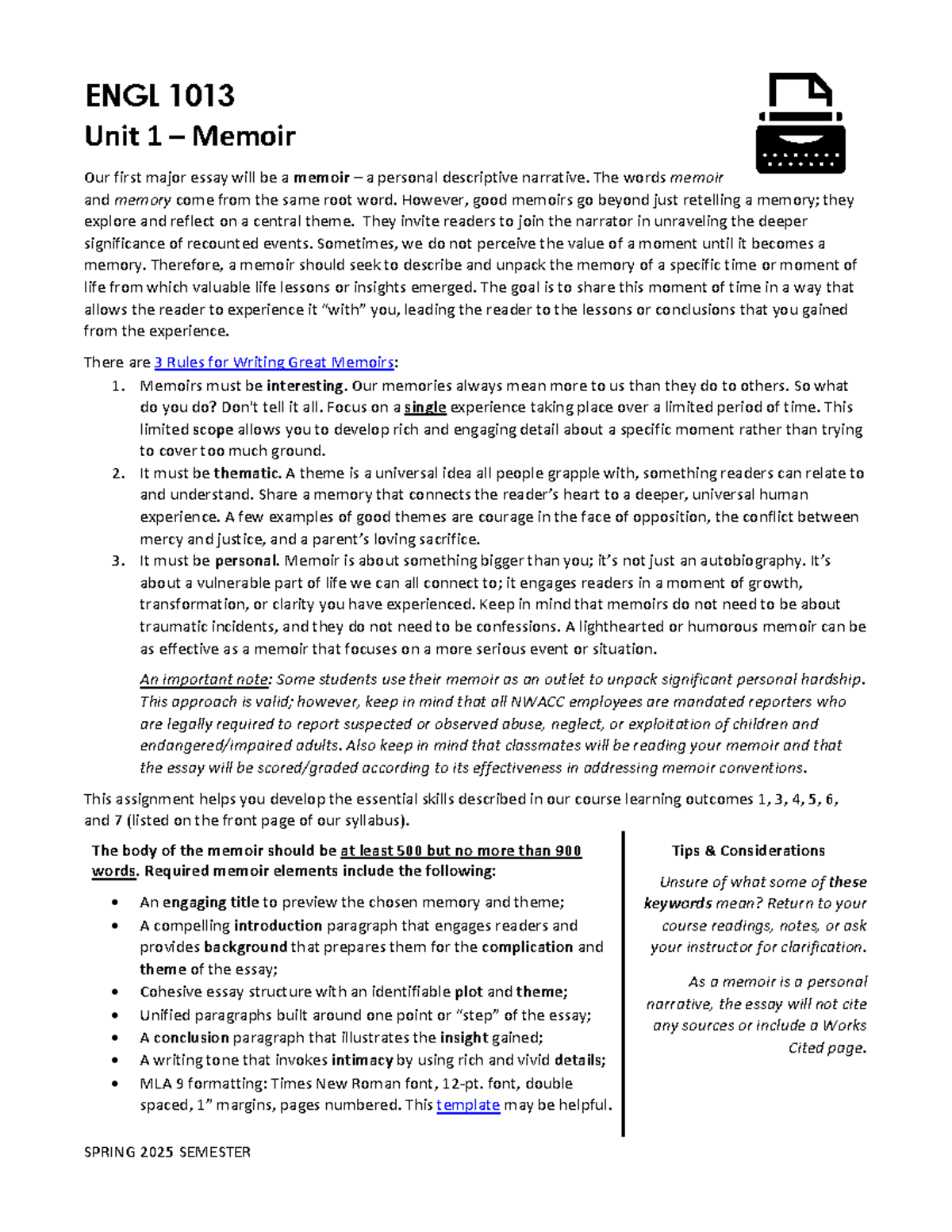 ENGL 1013 Spring 2025: Memoir Writing Guidelines and Assessment ...
