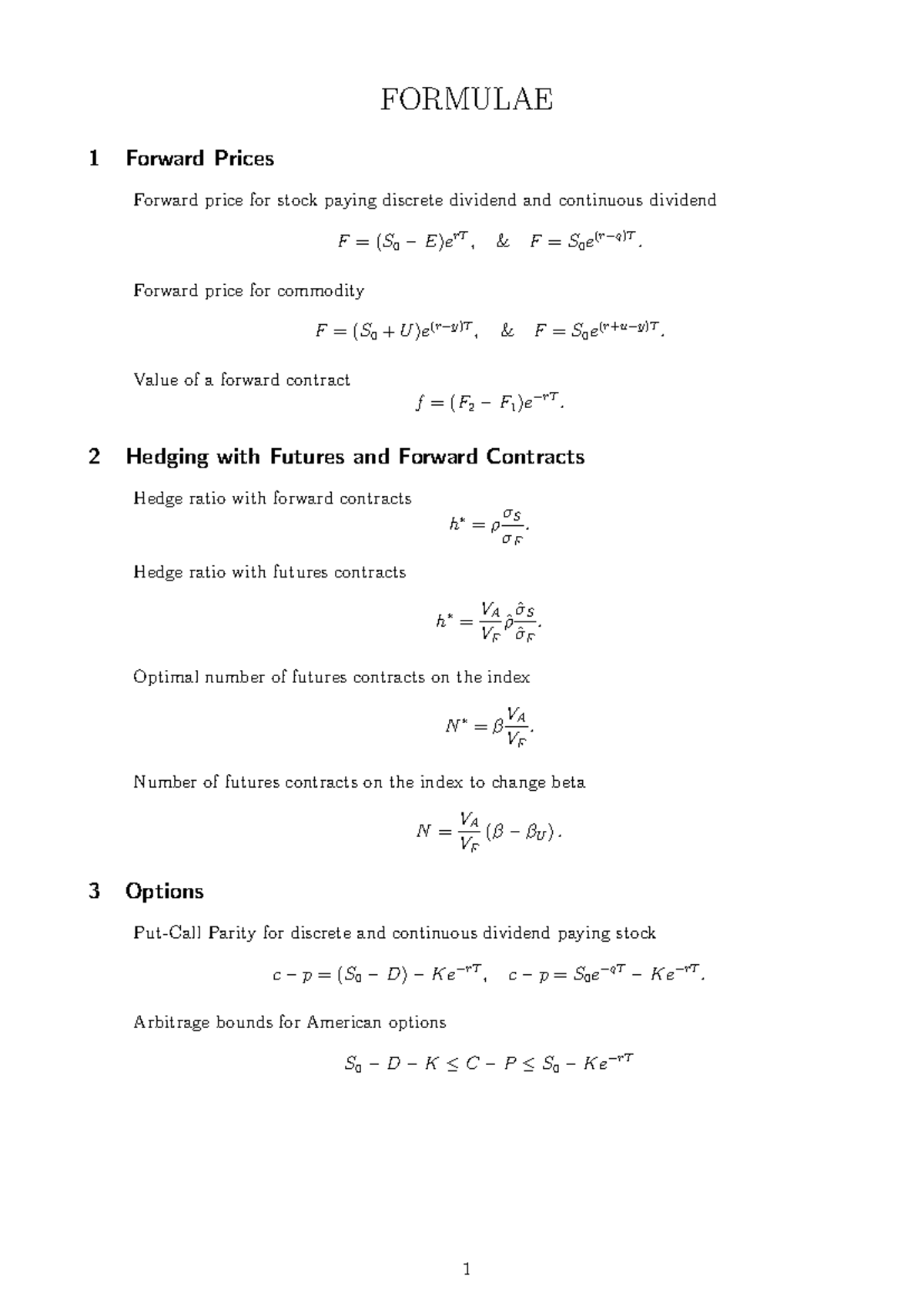 Midterm Formula Sheet - Forward Prices & Hedging Concepts - Studocu