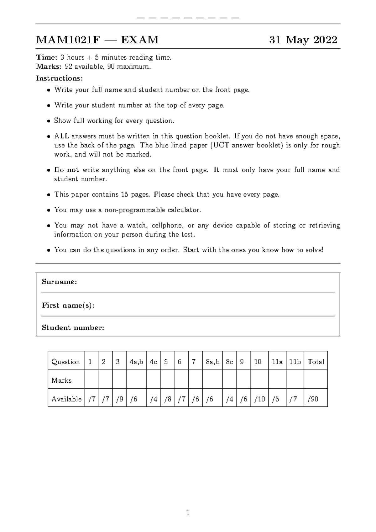 MAM1021F EXAM 2022: Comprehensive Final Assessment Guide - Studocu