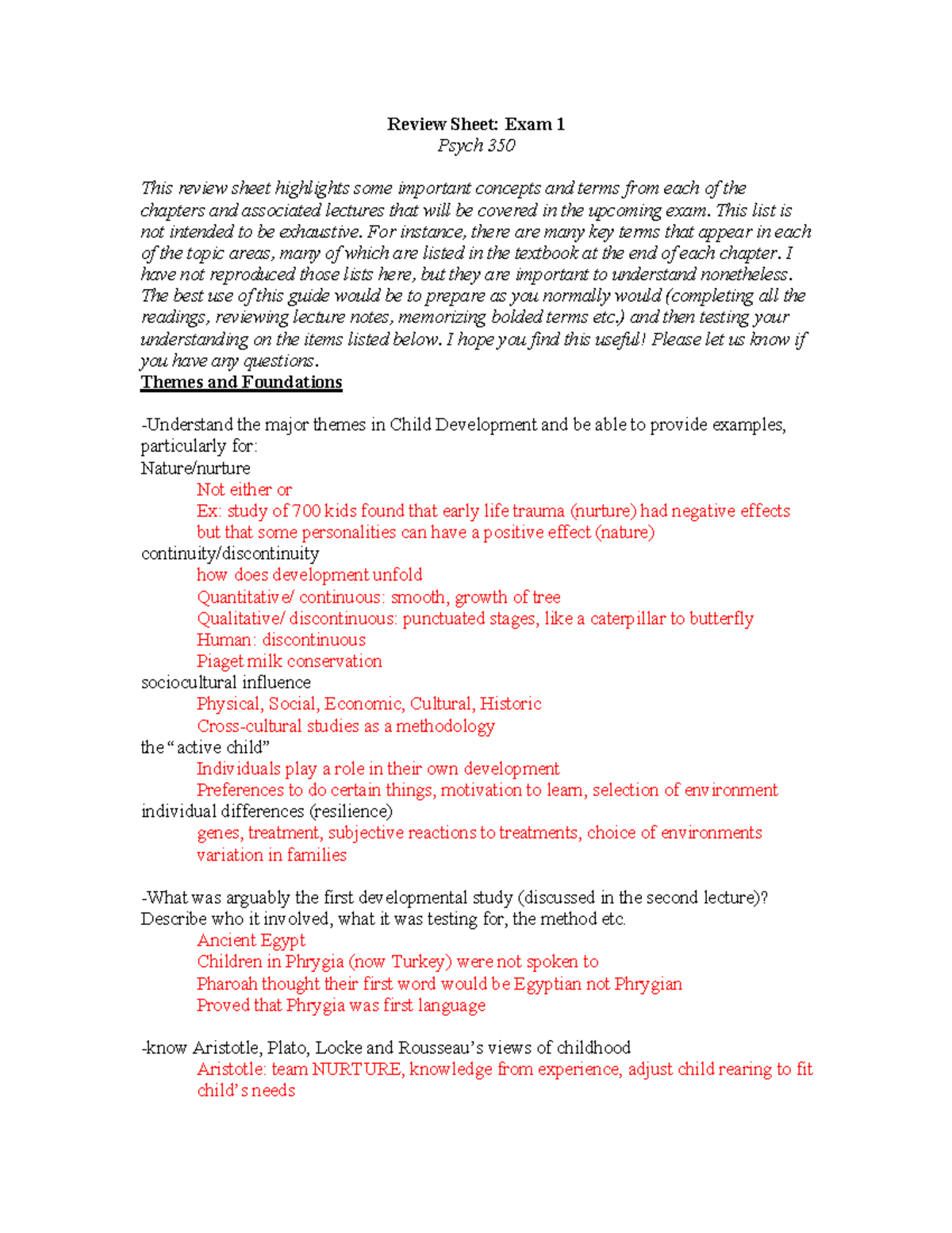 Psych 350 Exam 1 Review: Key Concepts & Theories in Development - Studocu