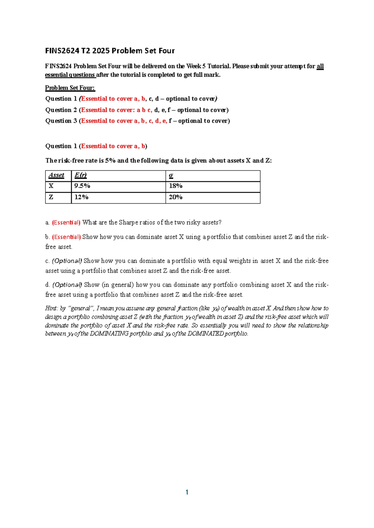 FINS2624 T2 2025 Problem Set Two: Essential Questions & Guidelines ...
