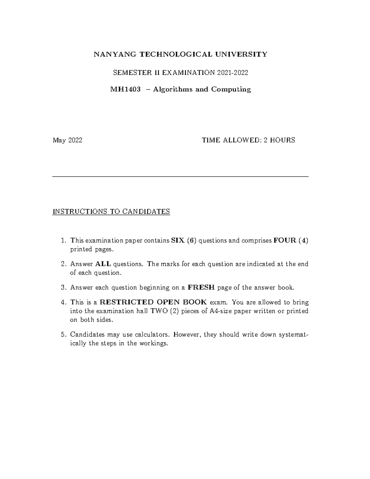 MH1403 Final Exam Algorithms and Computing May 2022 - Studocu