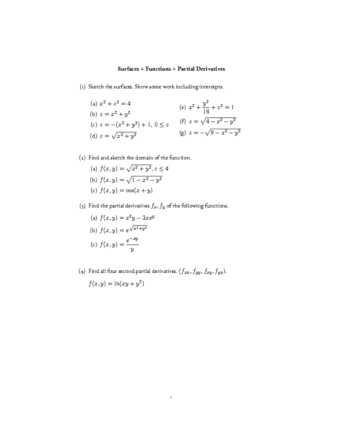 Surfaces and Functions with Partial Derivatives: Exercises (MATH 101 ...