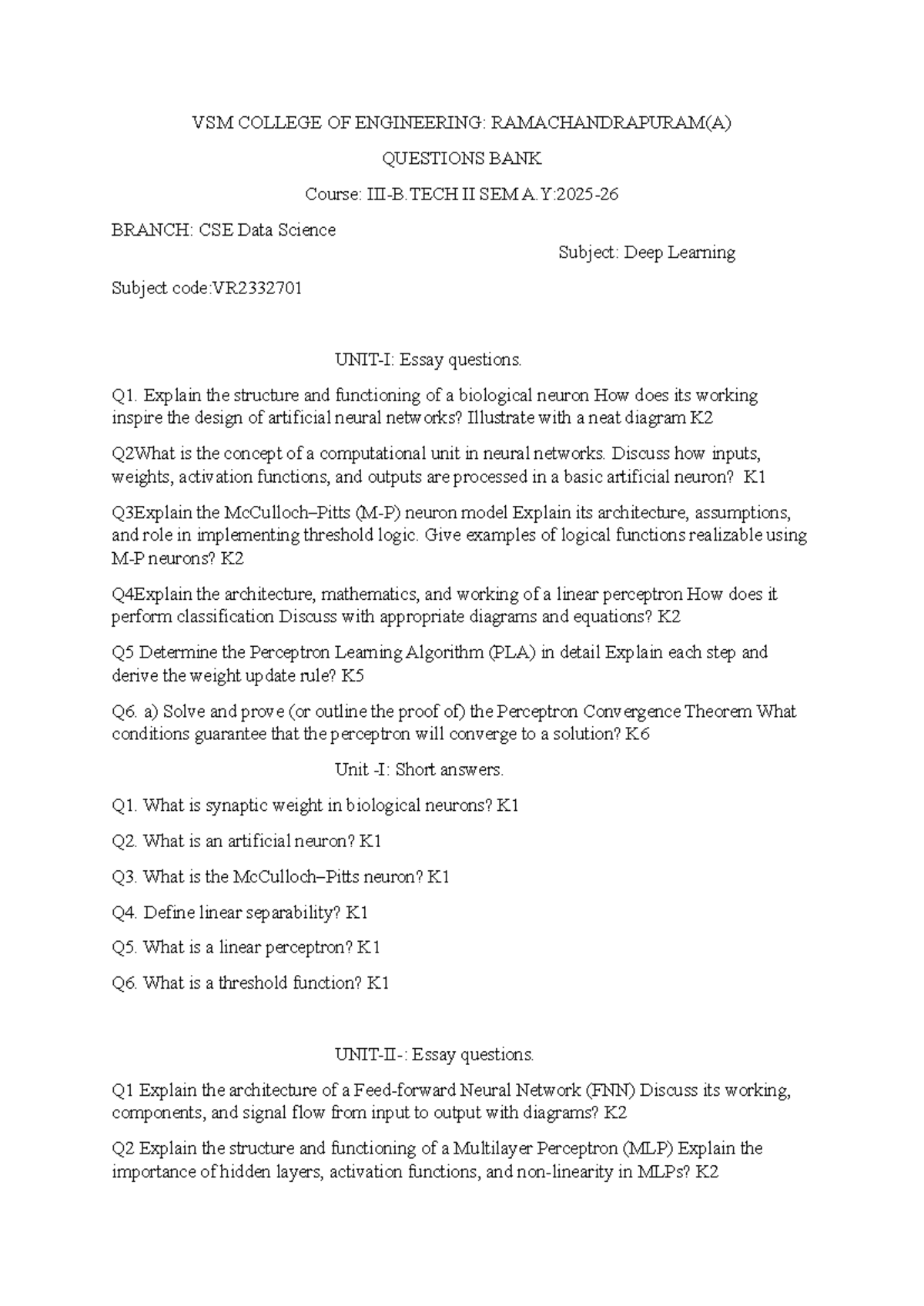 DL Question Bank: Deep Learning (VR2332701) - II Sem CSE - Studocu