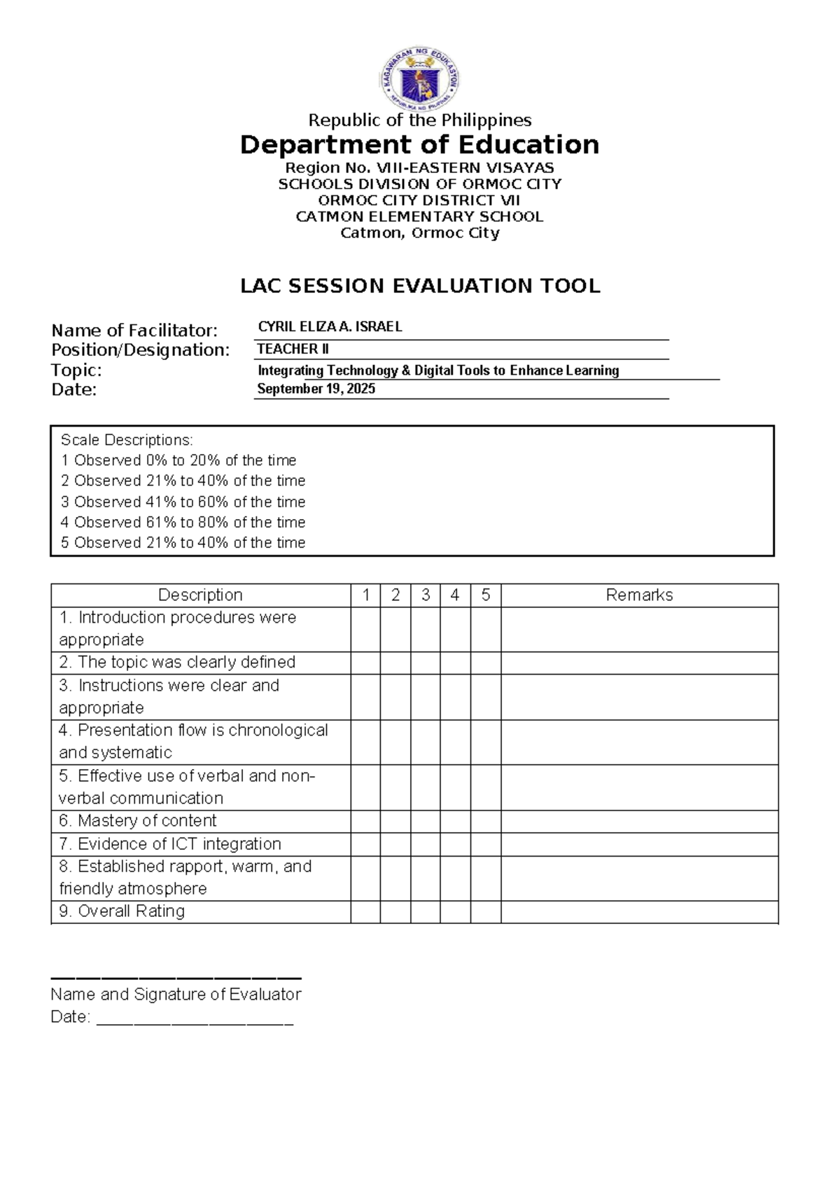 LAC Session Evaluation Tool: Integrating Tech in Learning - Studocu