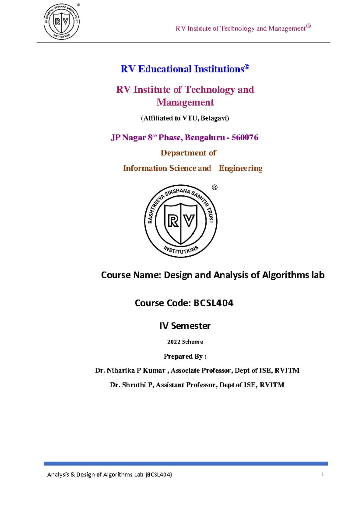 Analysis and Design of Algorithms Lab Manual (BCSL404) - IV Sem 2022 ...