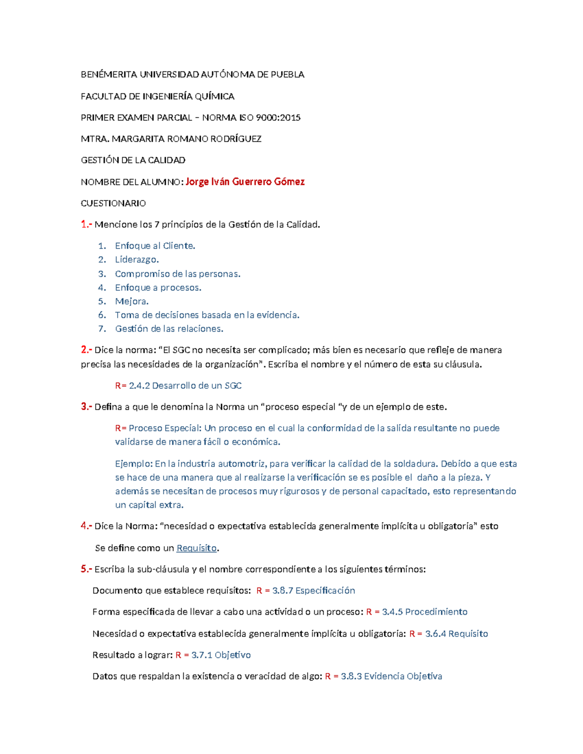Examen Parcial ISO 9001 - Gestión de la Calidad - Mtra. Romano - Studocu