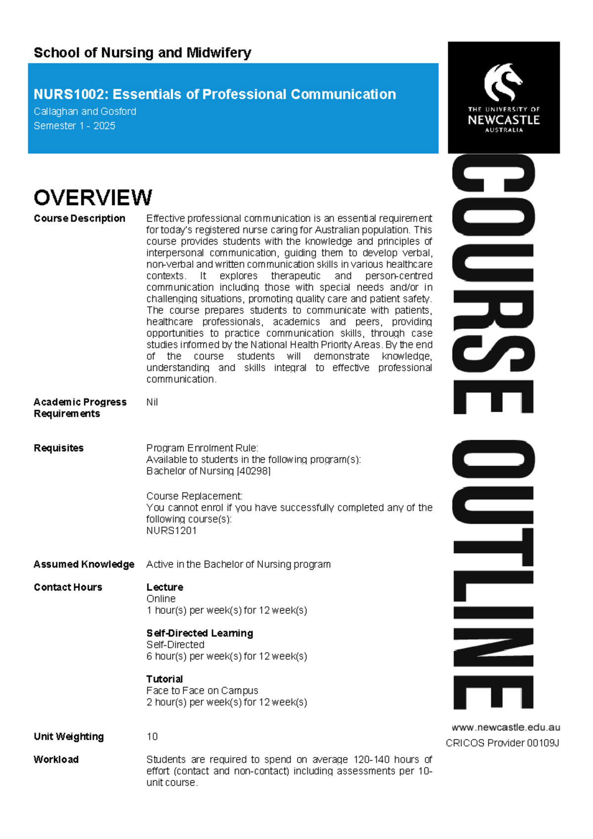 NURS1002: Essentials of Professional Communication Course Outline - S1 ...