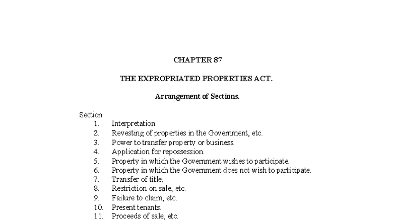 CHAPTER 87: THE EXPROPRIATED PROPERTIES ACT - Section Overview - Studocu