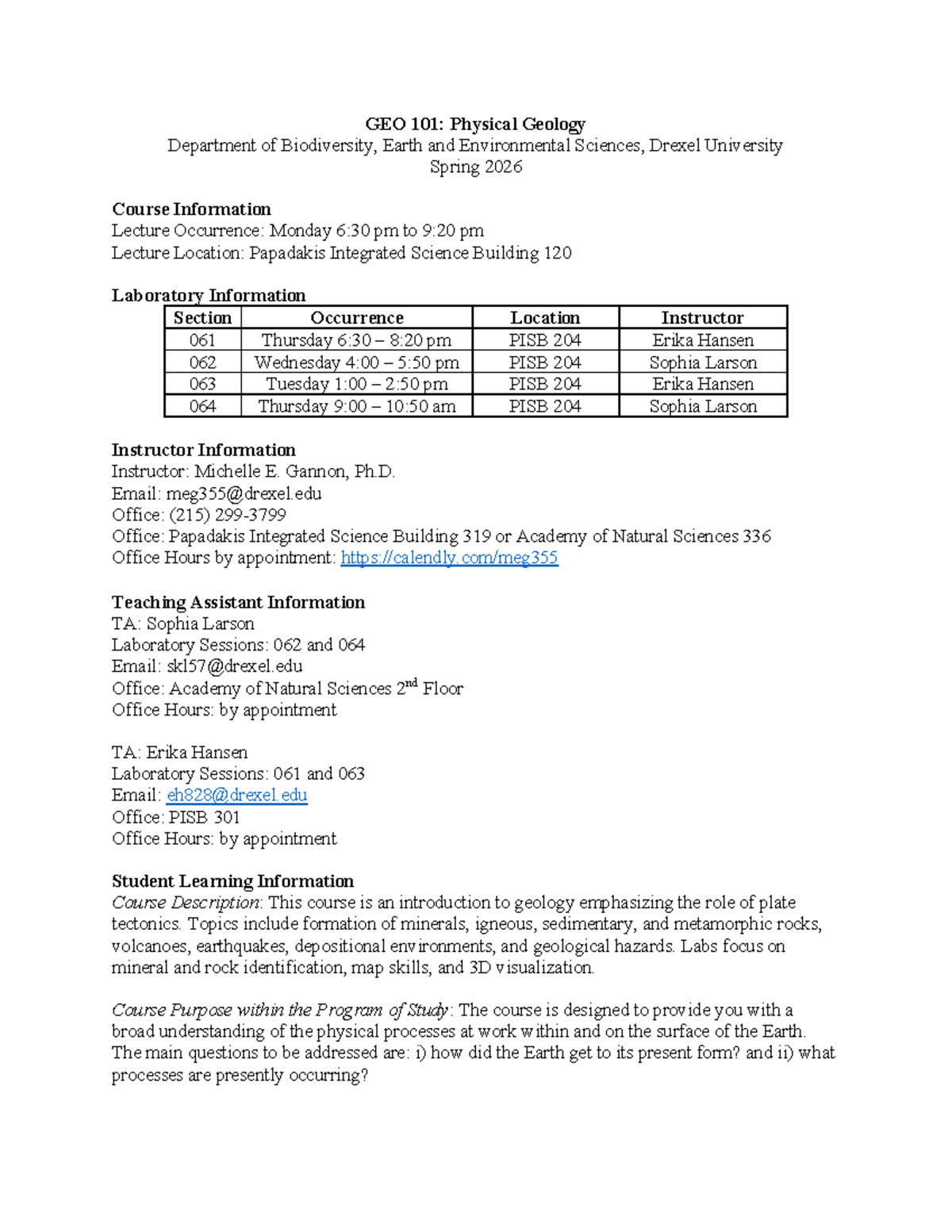 GEO 101: Spring 2026 Physical Geology Syllabus and Course Details - Studocu