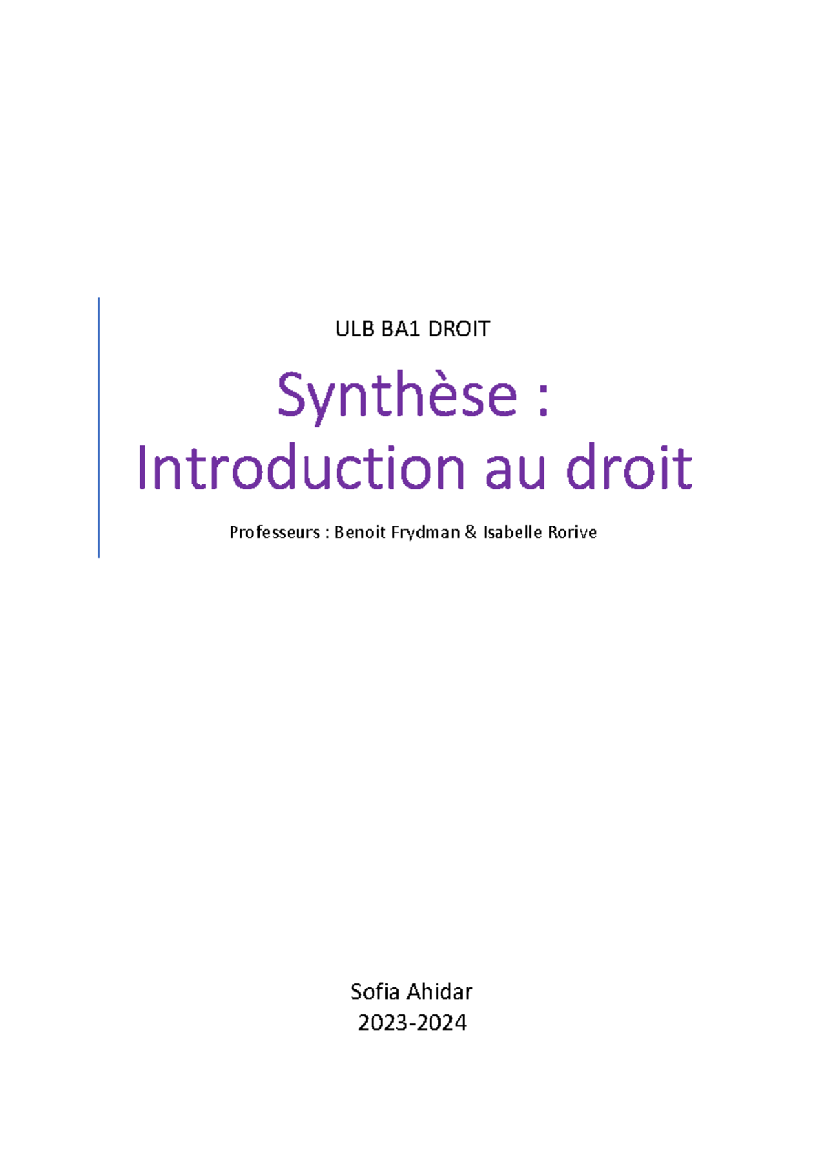 ULB BA1 DROIT Synthèse : Introduction au Droit 2023-2024 - Studocu