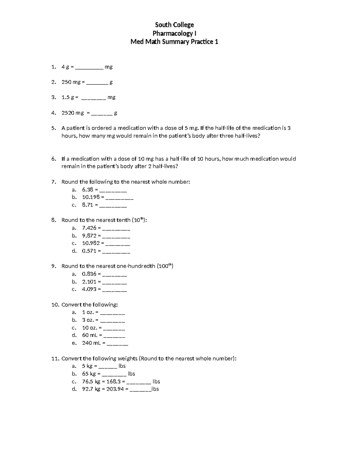 South College PHAR 101 Med Math Summary Practice Worksheet - Studocu