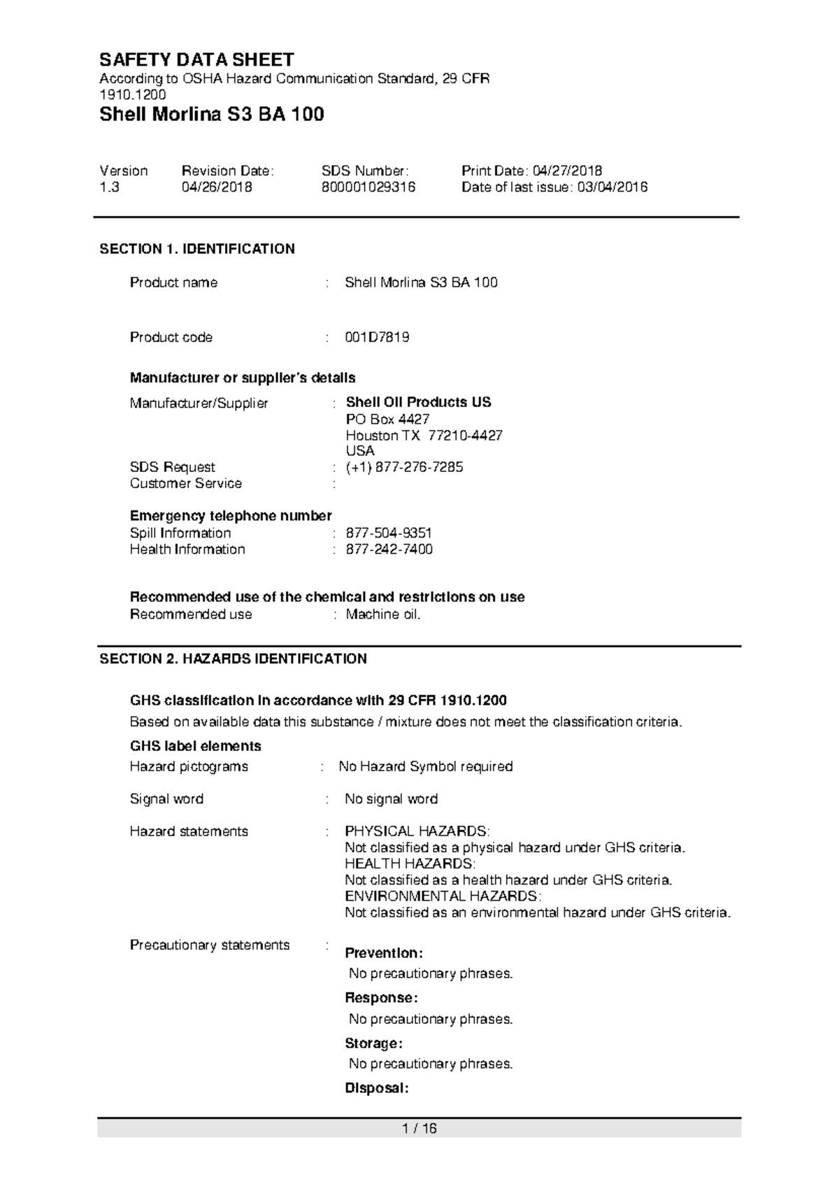 Shell Morlina S3 BA 100 - Safety Data Sheet (SDS) with Hazard ...