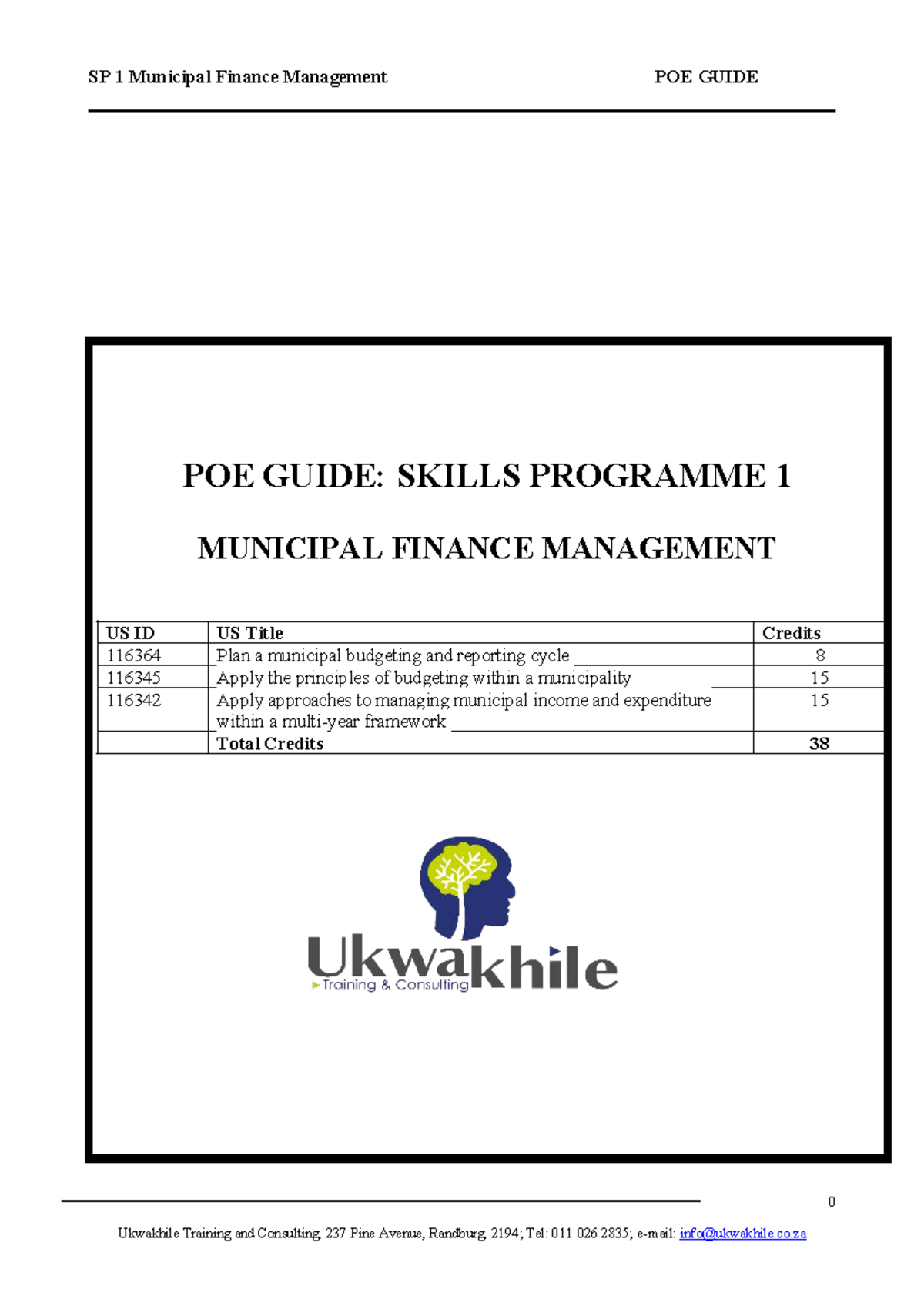 SP 1 Municipal Finance Management POE Guide: Budgeting & Reporting ...