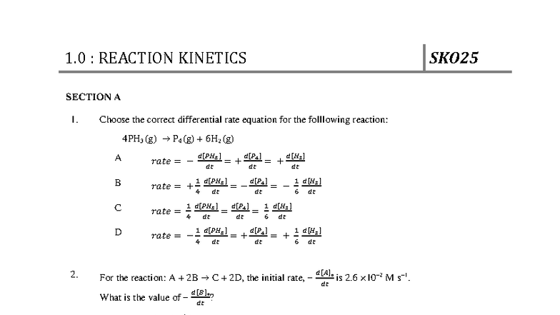SKO25 Tutorial 1.0: Reaction Kinetics Questions and Solutions - Studocu