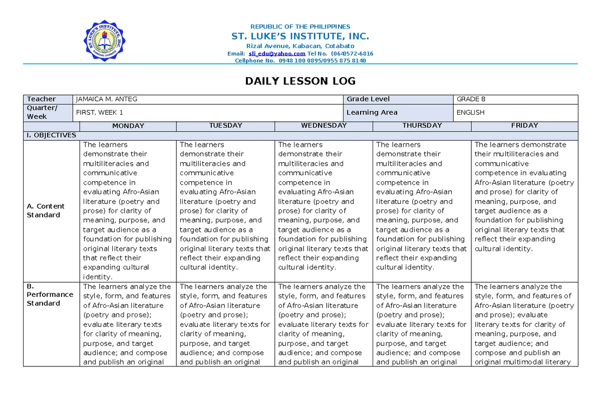 DLL Matatag K to 10 English 8 Weekly Lesson Log - Q1 W1 - Studocu