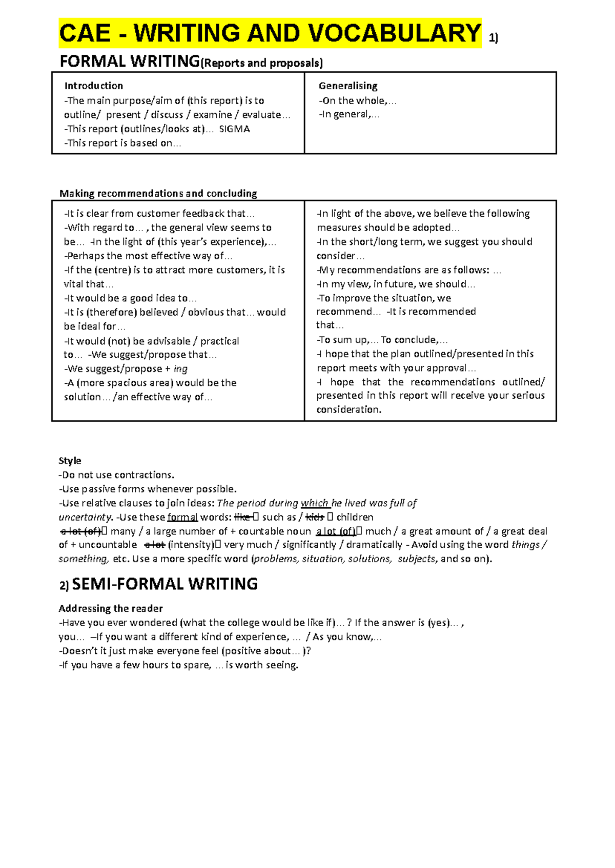 CAE WRITING AND VOCABULARY: FORMAL WRITING STRATEGIES AND TIPS - Studocu