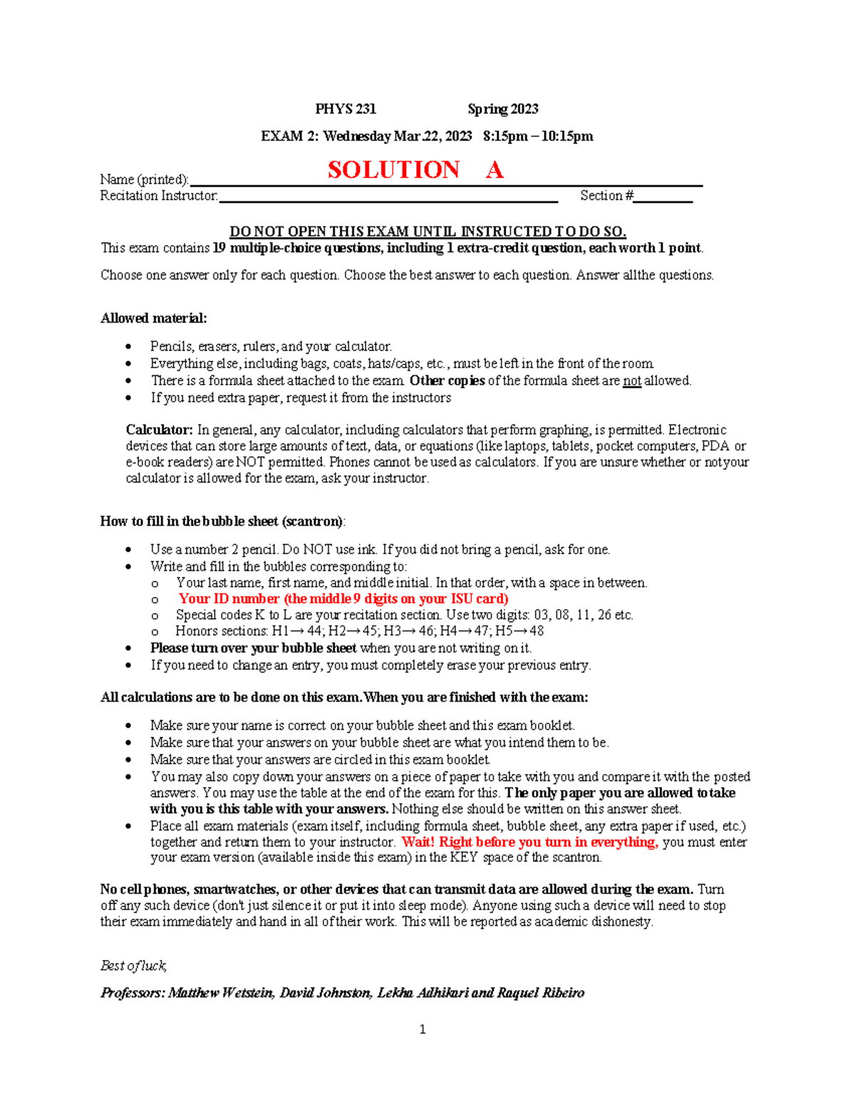 PHYS 231 Spring 2023 Exam 2A Solutions and Guidelines - Studocu