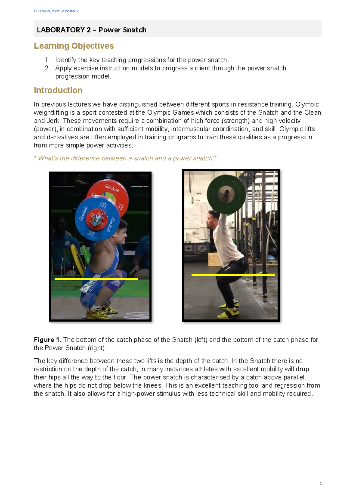 HLTH2412 Lab 2: Mastering the Power Snatch Techniques and Progressions ...