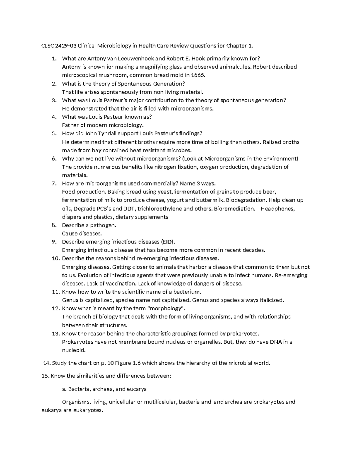 CLSC 2429-03 Final Exam Study Questions for Chapter 1 Microbiology ...