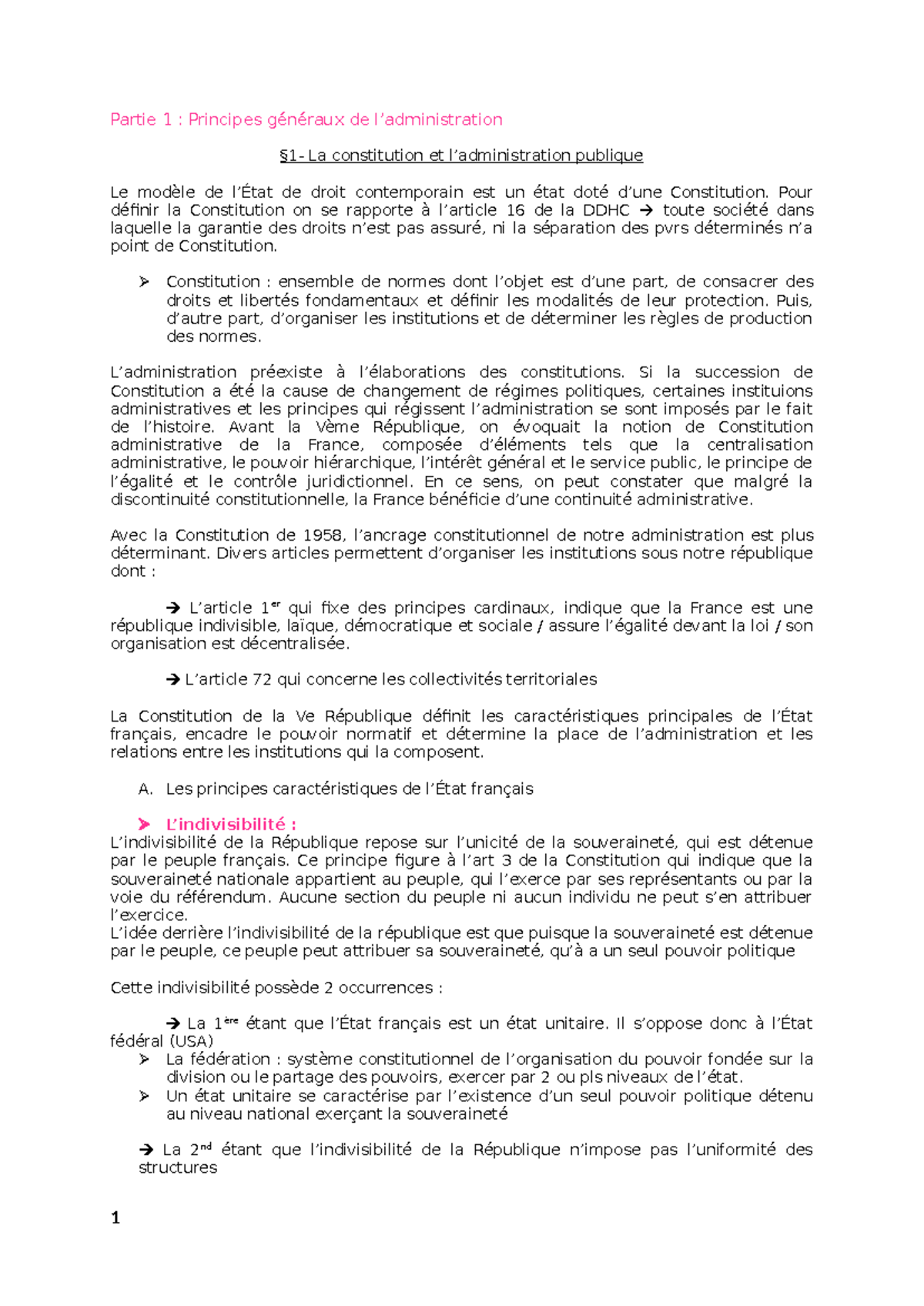 Partie 1 instit adm - note de cours - Partie 1 : Principes généraux de ...