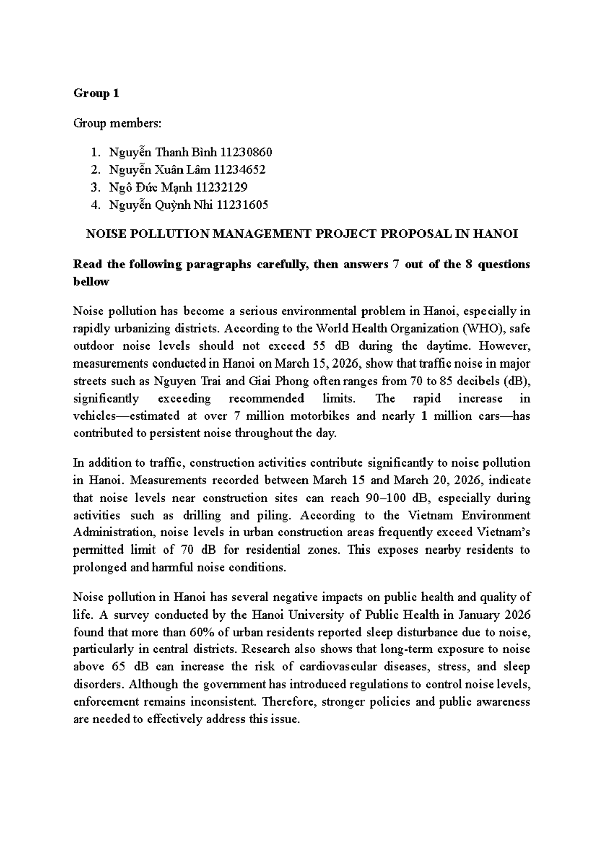 Noise Pollution Management Project Proposal in Hanoi (Group 1) - Studocu