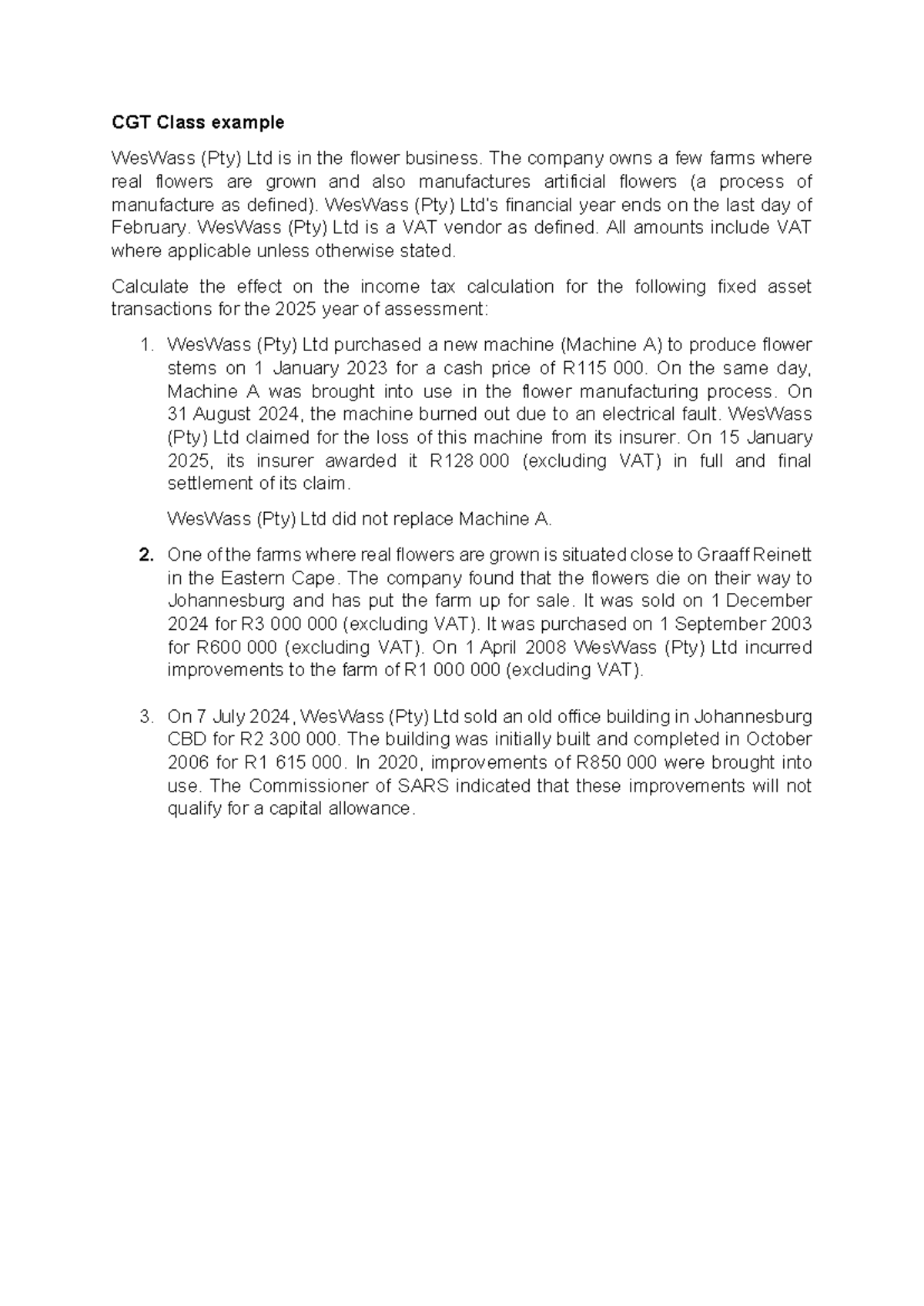CGT Class Example: WesWass (Pty) Ltd Asset Transactions Analysis - Studocu