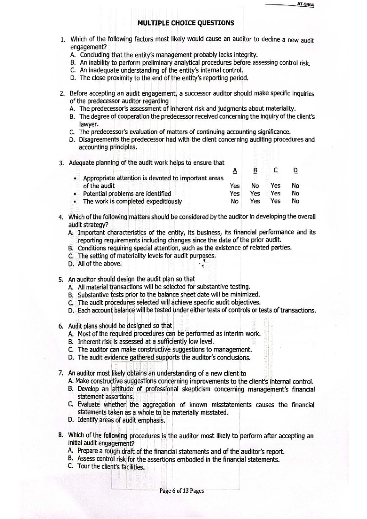 CPAR IVII Multiple Choice Questions: Audit Engagements and Internal ...