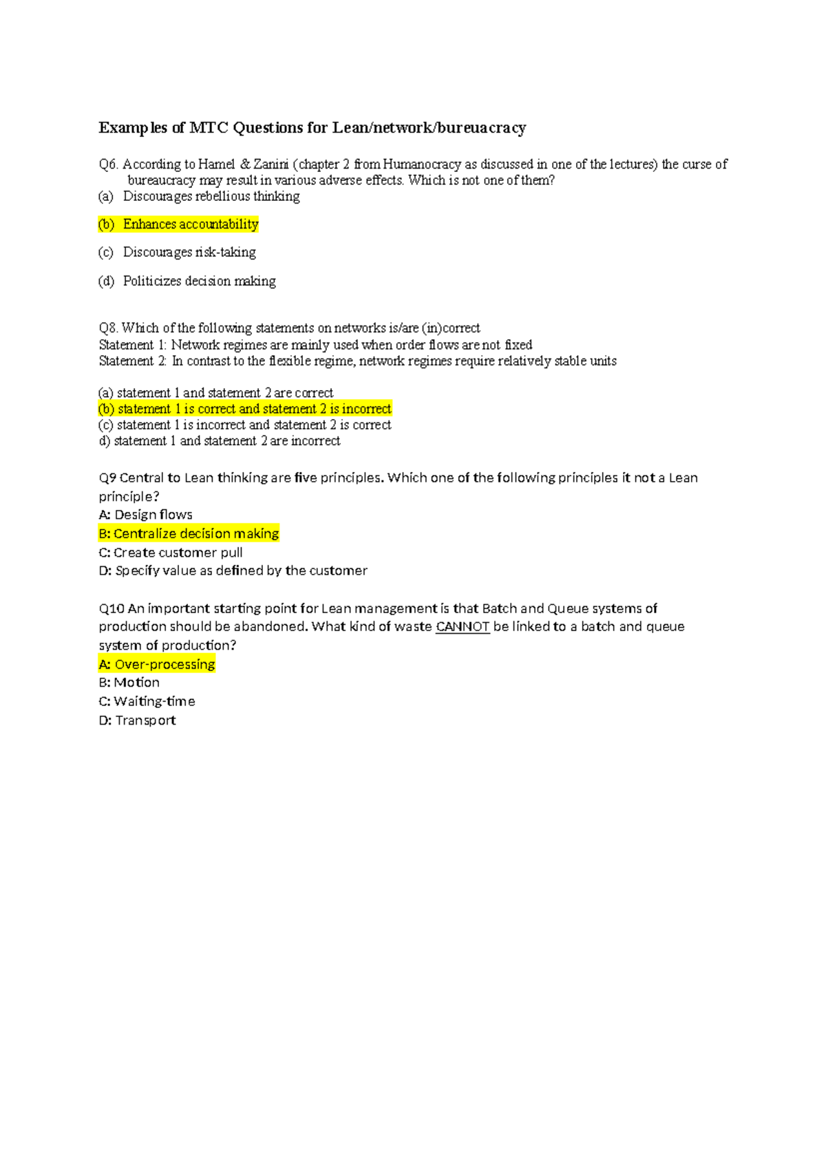 MTC Final Exam Example Questions & Answers on Lean/Network/Bureaucracy ...