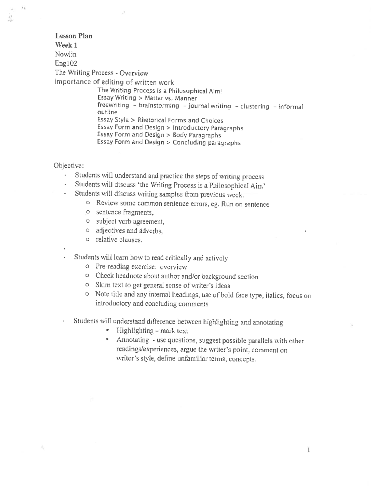 ENG102 Lesson Plan Week 1: Writing Process Overview & Activities - Studocu