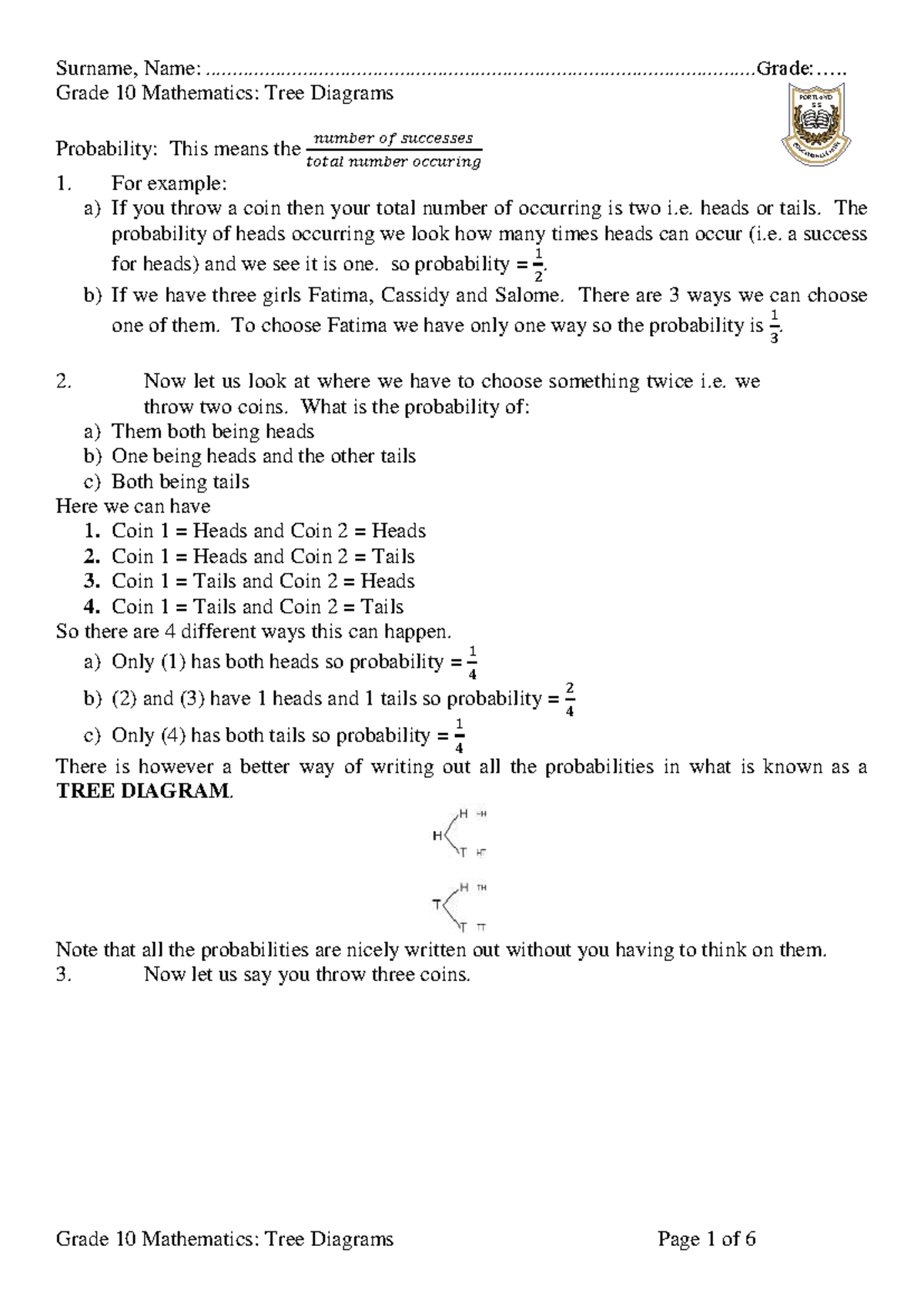 Grade 10 Mathematics: Tree Diagrams and Probability Concepts - Studocu
