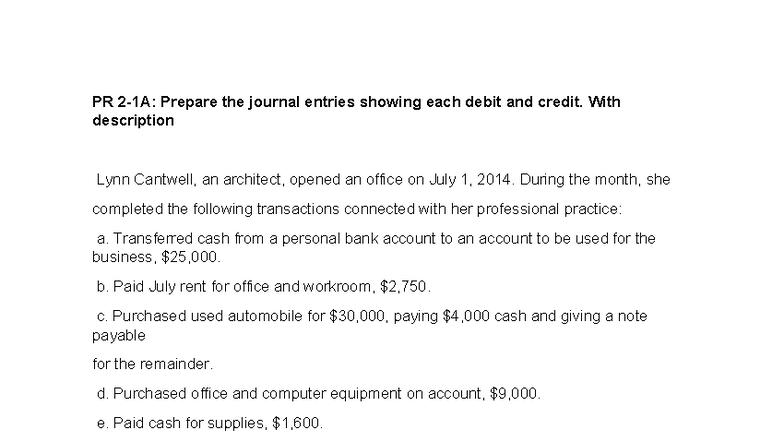 PR Journal Entries and T-Accounts for Lynn Cantwell, Architect - Studocu