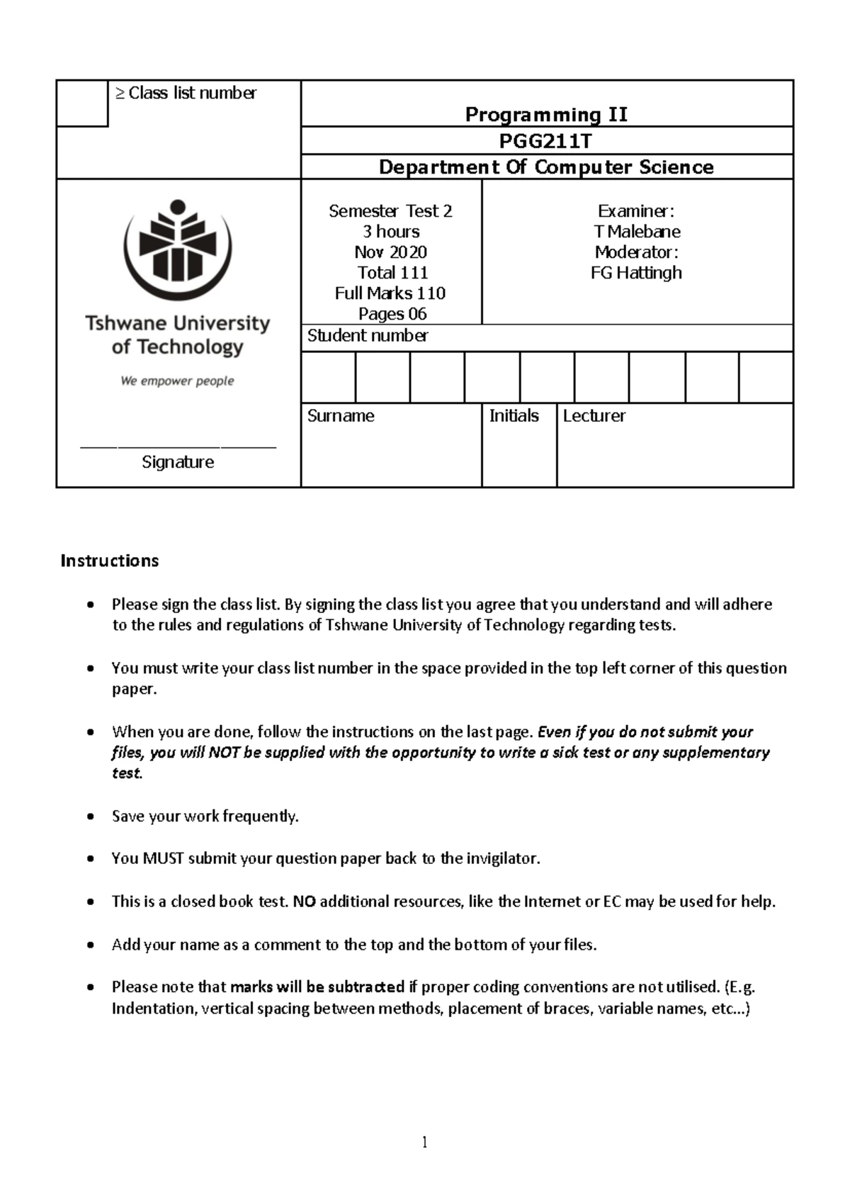 PG1F05D Semester Test 2: Programming 115 Assessment Guide 2024 - Studocu