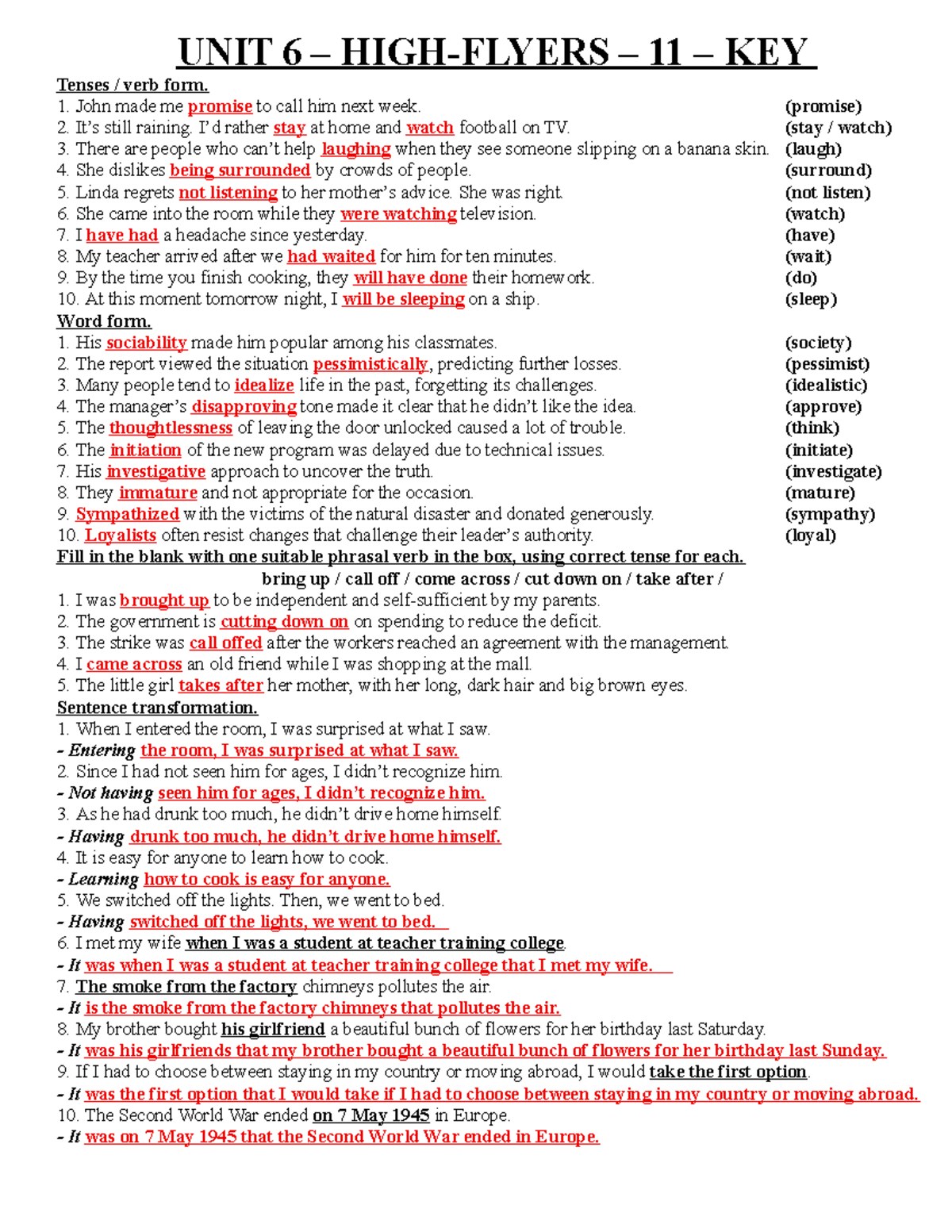 UNIT 6 – HIGH-Flyers – 11 – KEY Tenses and Verb Forms - Studocu