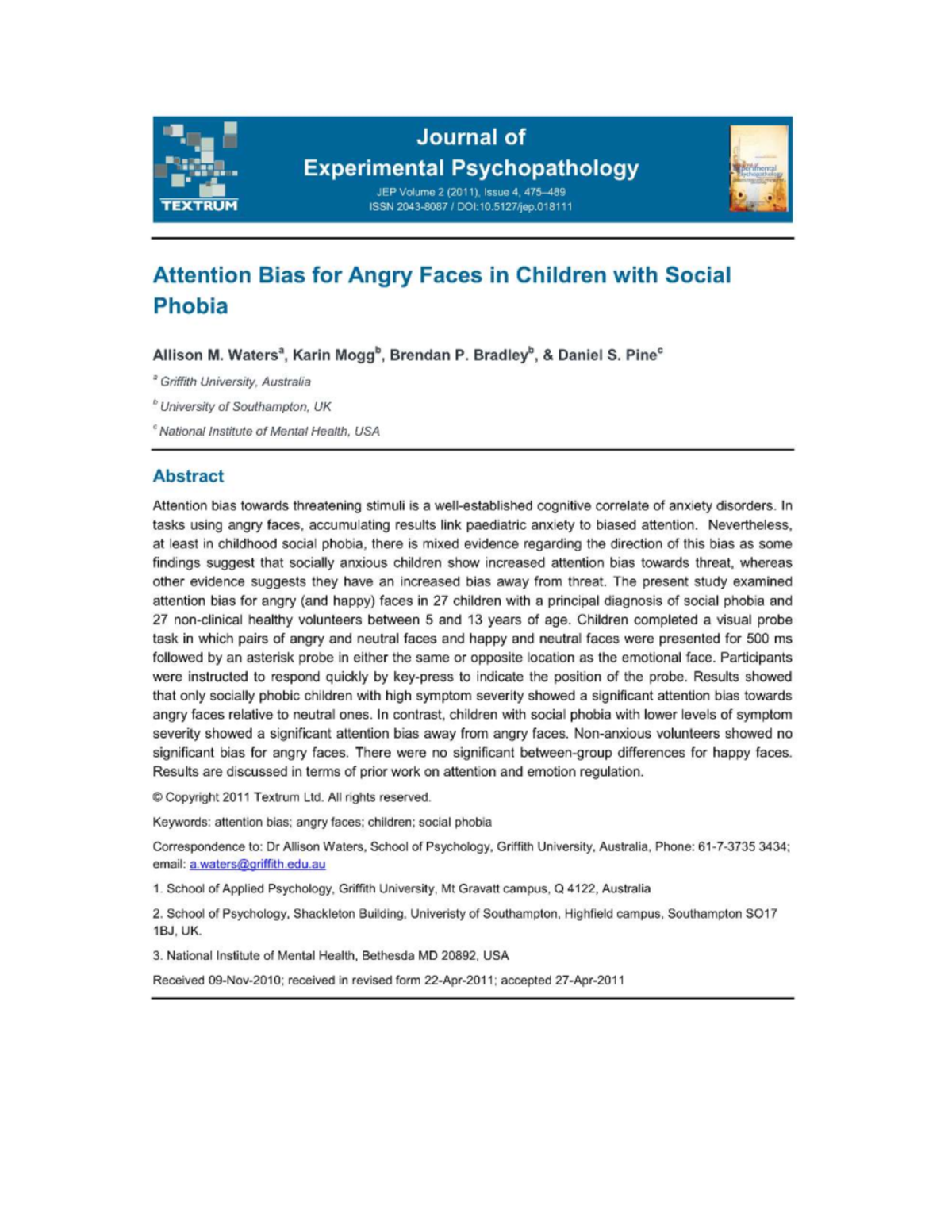 Attention Bias for Angry Faces in Children with Social Phobia (JEP 2011 ...