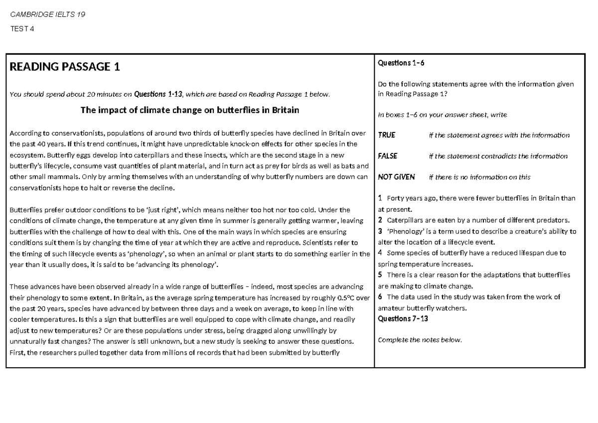 Cambridge IELTS 19 Test 4 Reading Passage Analysis - Studocu