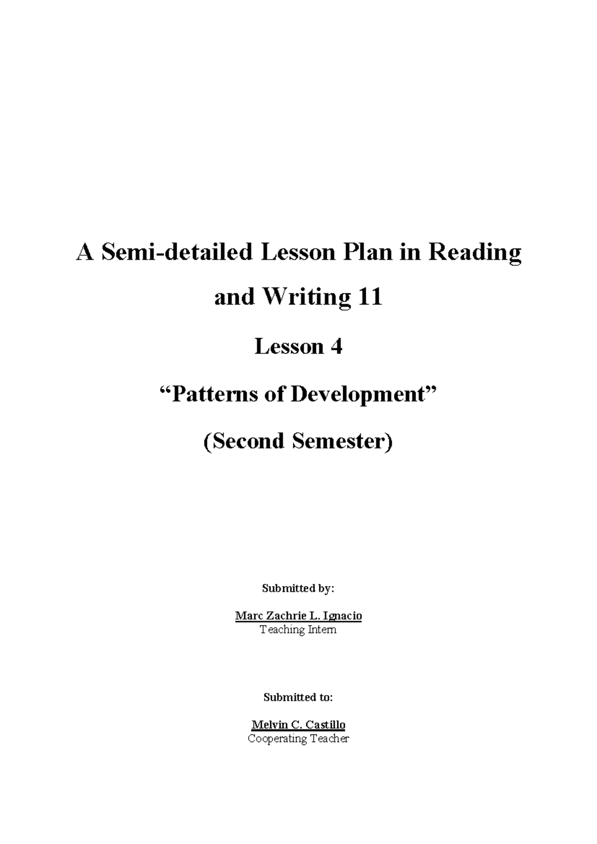 SDLP - Lesson Plan on Patterns of Development in Reading 11 - Studocu