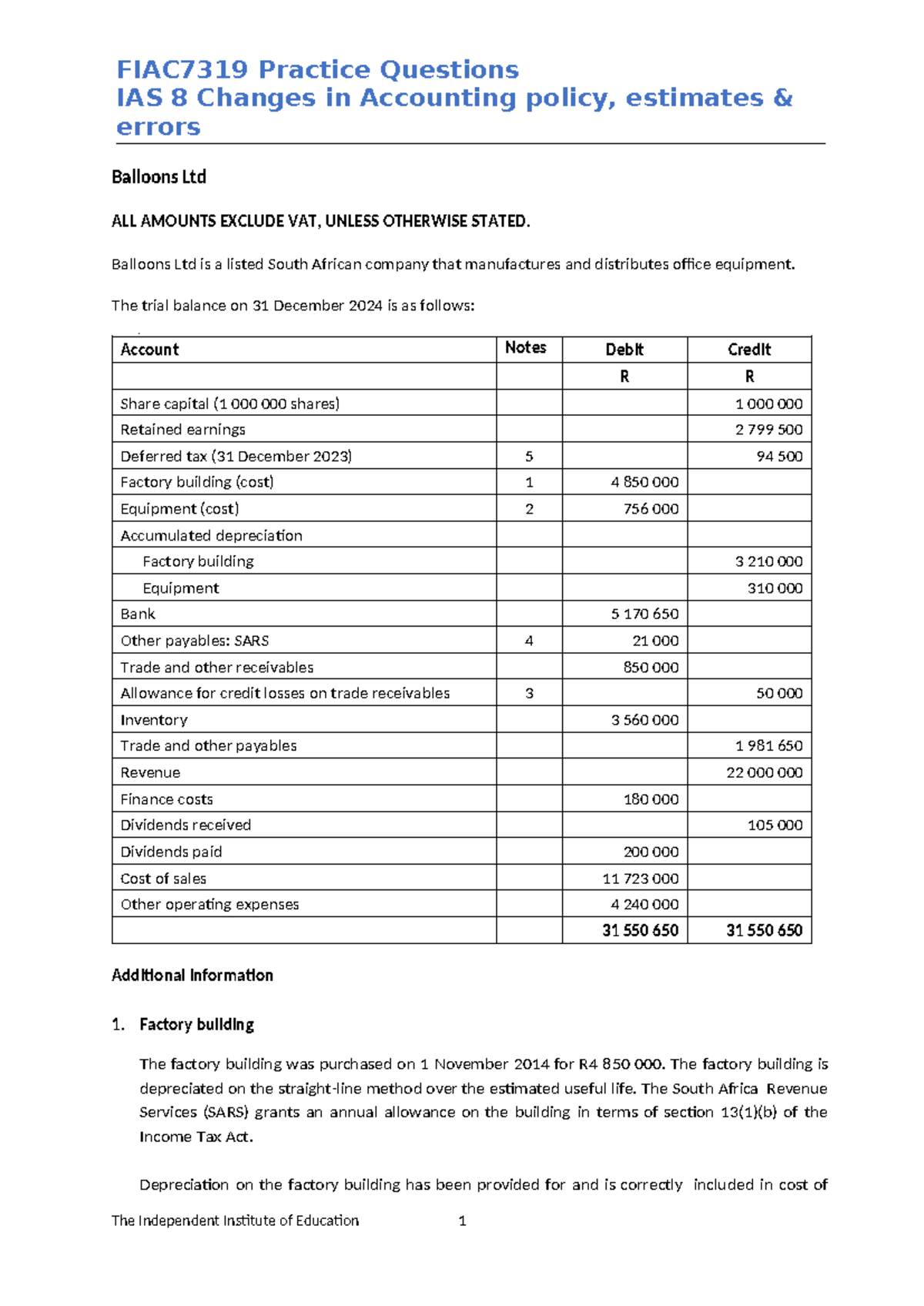 FIAC7319 Practice Questions on IAS 8: Balloons Ltd Accounting Policies ...