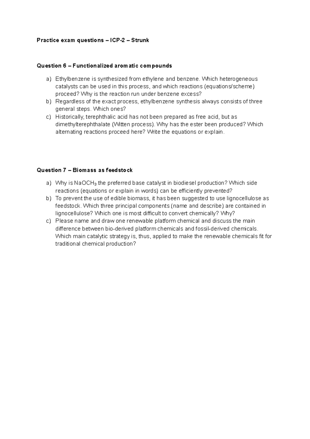 Practice Exam Questions: Functionalized Aromatic Compounds & Biomass ...