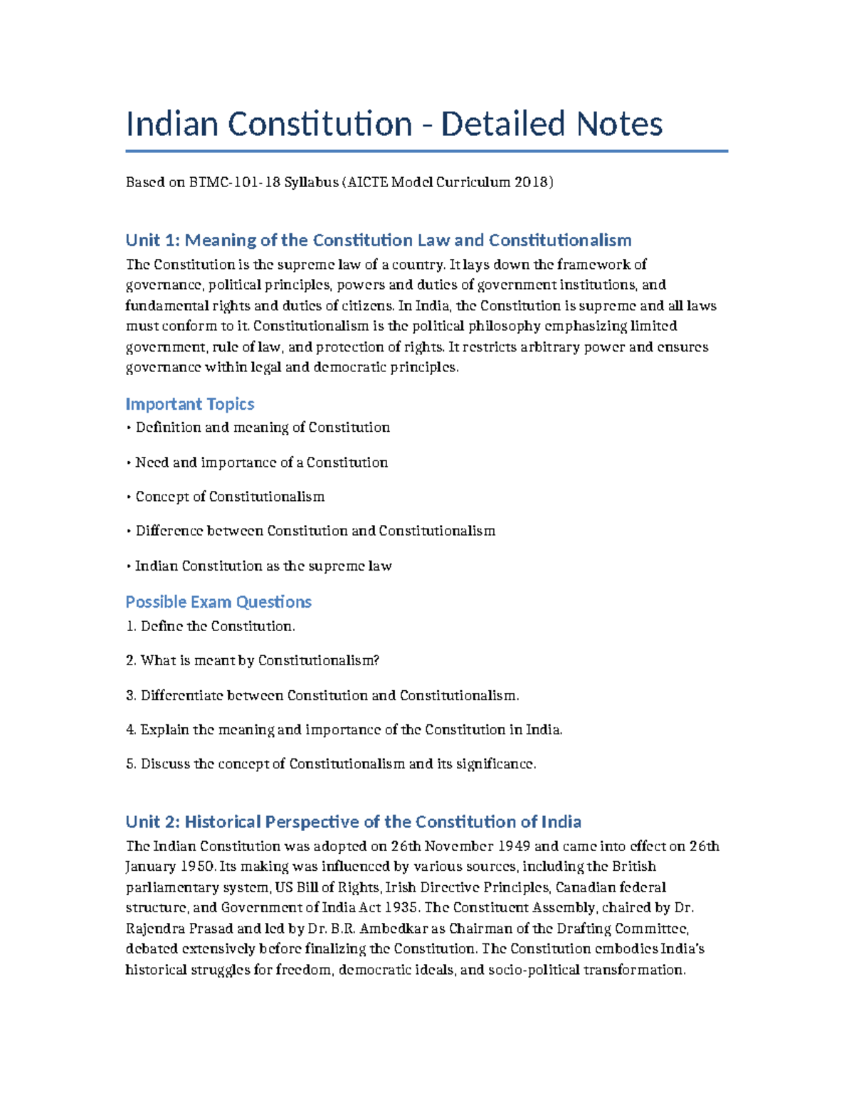 Indian Constitution Full Notes (AICTE Model Curriculum 2018) - Studocu
